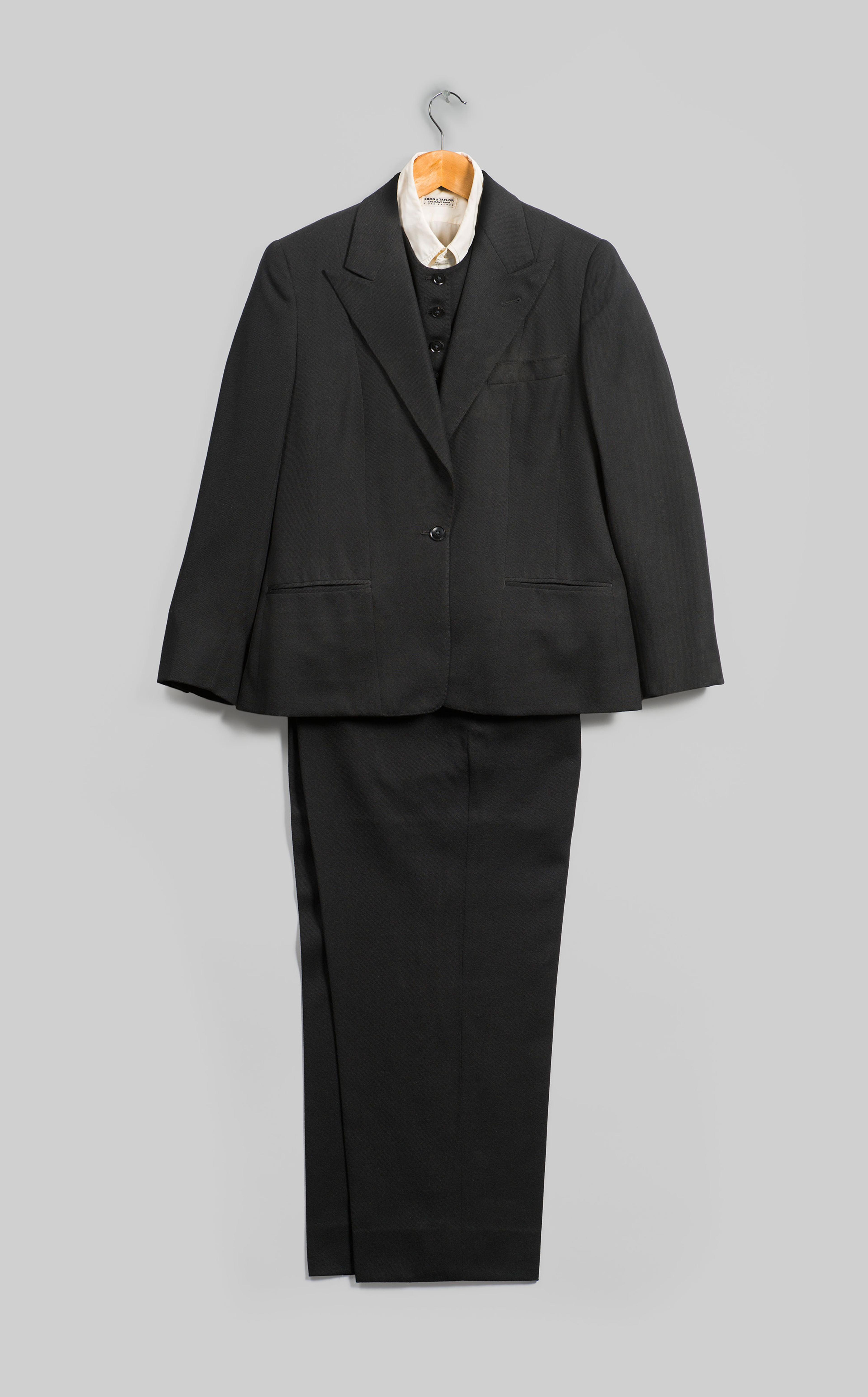 Emsley. Suit (Jacket, Pants, and Vest), 1983. Black wool. Inner garment: Lord &amp; Taylor. Shirt, circa 1960s. White cotton. Georgia O’Keeffe Museum, Santa Fe, N.M.; Gift of Juan and Anna Marie Hamilton, 2000.03.0384, 2000.03.0393, 2000.03.0386, and 2000.03.0239. (Photo: © Gavin Ashworth)