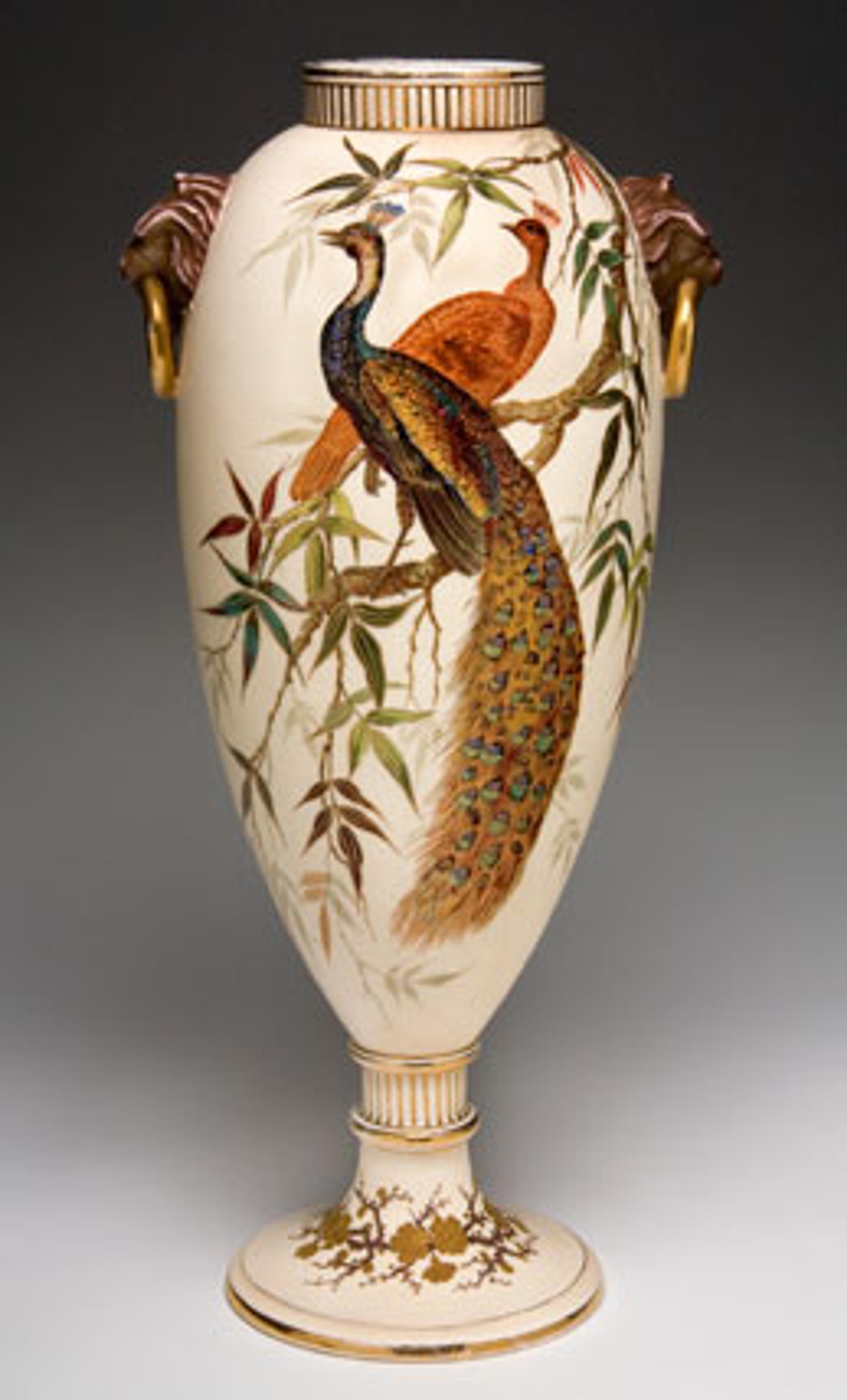 Edward Lycett (American, b. England, 1833–1910). Faience Manufacturing Company (1881–92). Vase, 1886–90. Cream-colored earthenware painted over ivory glazed ground with polychrome enamels; flat and raised gold paste decoration. Collection of Michael and Marjorie Loeb