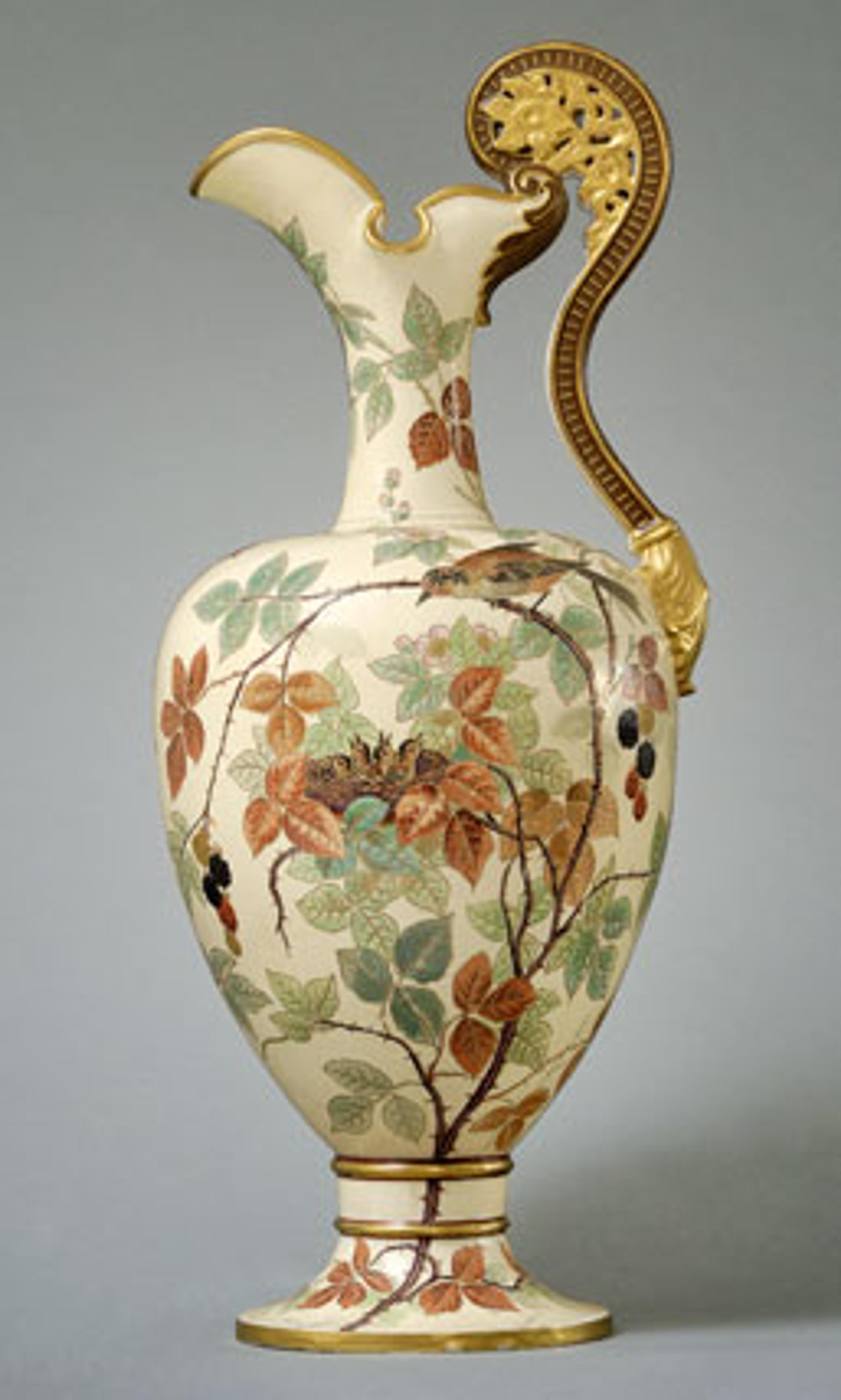 Edward Lycett (American, b. England, 1833–1910). Faience Manufacturing Company (1881–92). Ewer, 1886–90. Cream-colored earthenware with ivory glazed ground painted with polychrome enamels; flat and raised gold paste decoration. The Jacobsen Collection