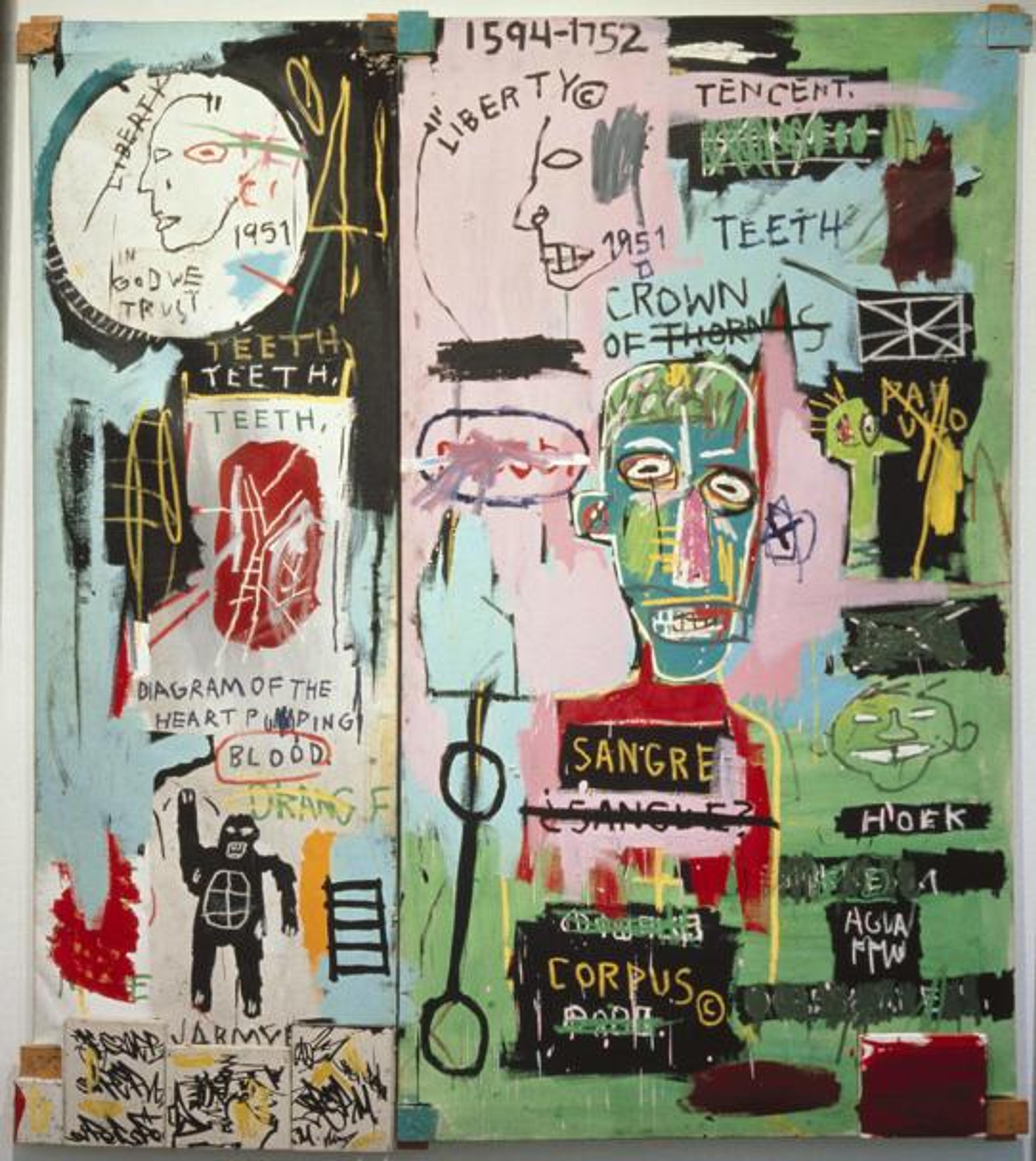 In Italian, 1983. Acrylic, oil paintstick, and marker on canvas mounted on wood supports, two panels. The Stephanie and Peter Brant Foundation, Greenwich, Connecticut