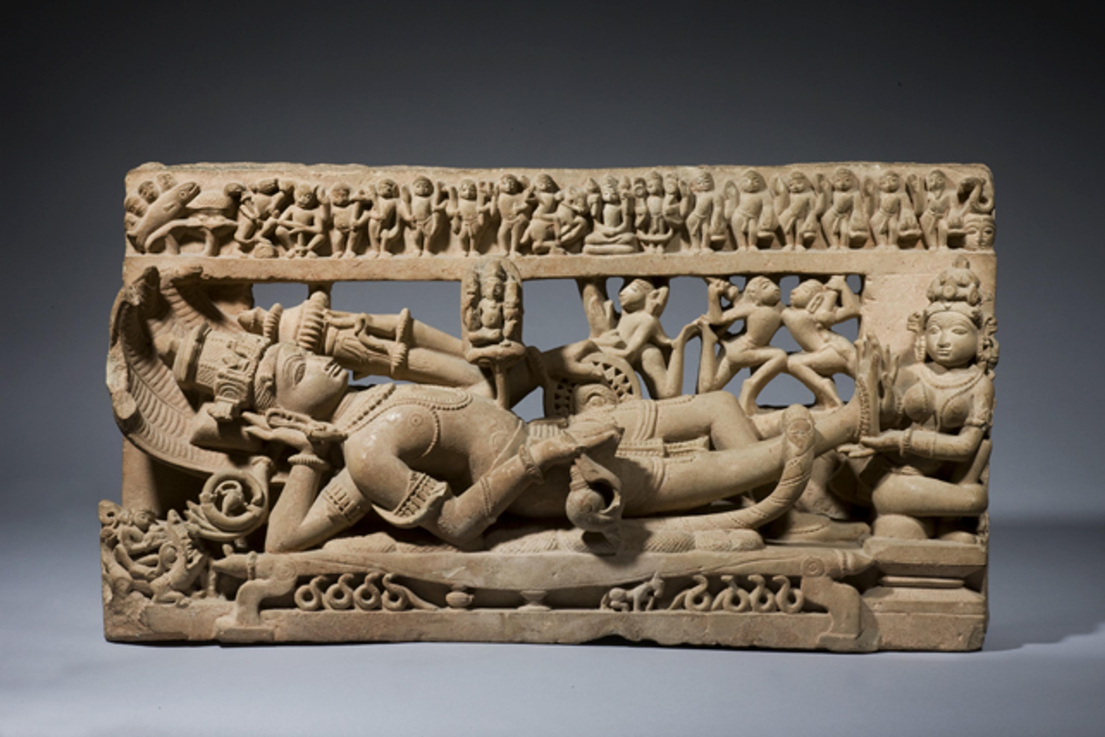 Vishnu in His Cosmic Sleep. Central India (Madhya Pradesh), circa 12th century. Sandstone, 149⁄16 x 279⁄16 in. (37 × 70 cm). Private collection, Europe. Photo: Courtesy of Oliver Forge and Brendan Lynch Ltd.