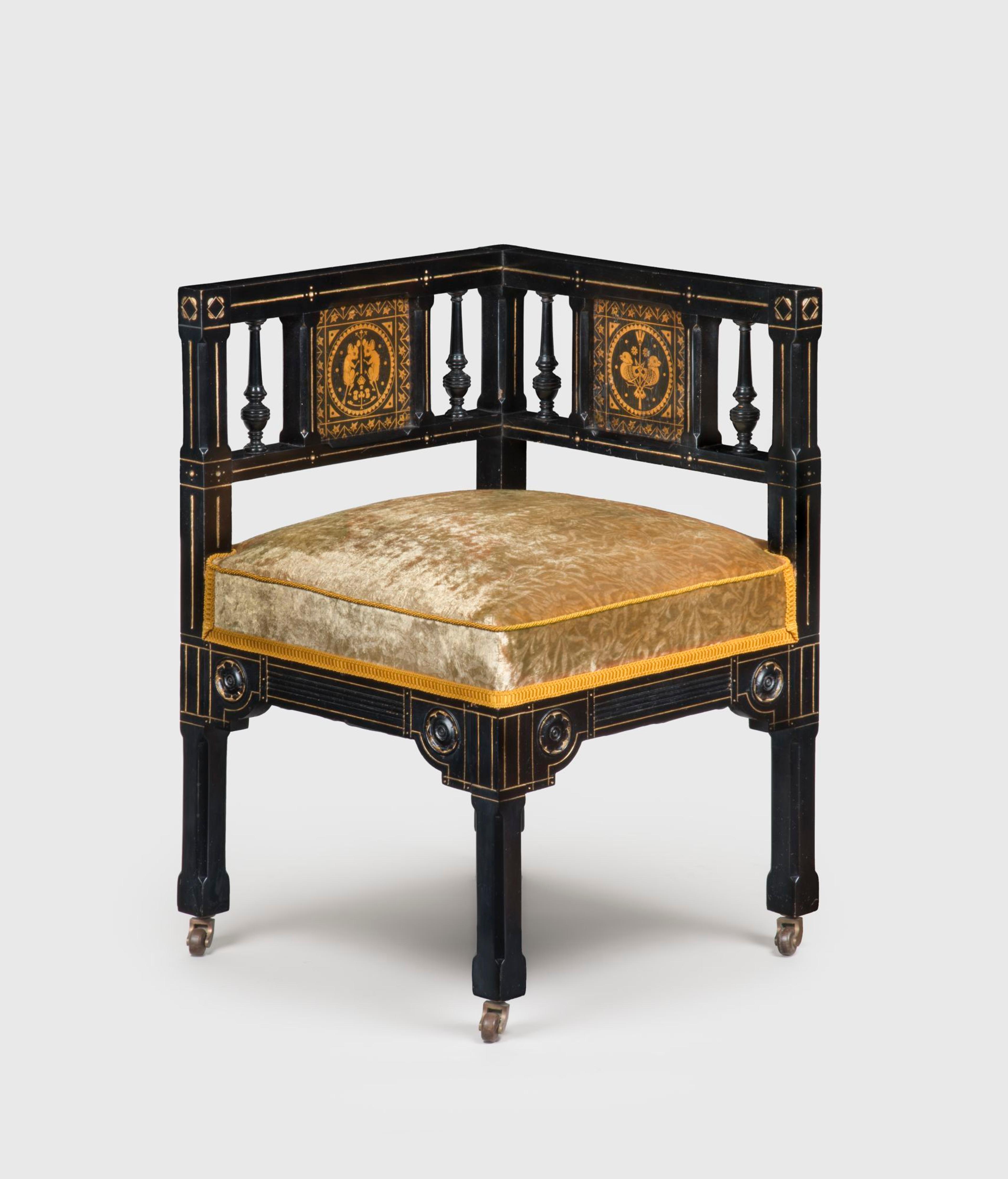 Kimbel and Cabus (New York, 1863–82). Corner Chair, circa 1875. Painted soft maple, gilding, paper, copper alloy, rubber, modern textile, 271/2 × 181/2 × 181/2 in. (69.9 × 47 × 47 cm). Brooklyn Museum; Bequest of DeLancey Thorn Grant in memory of her mother, Louise Floyd-Jones Thorn, by exchange, 1992.9. (Photo: Gavin Ashworth)