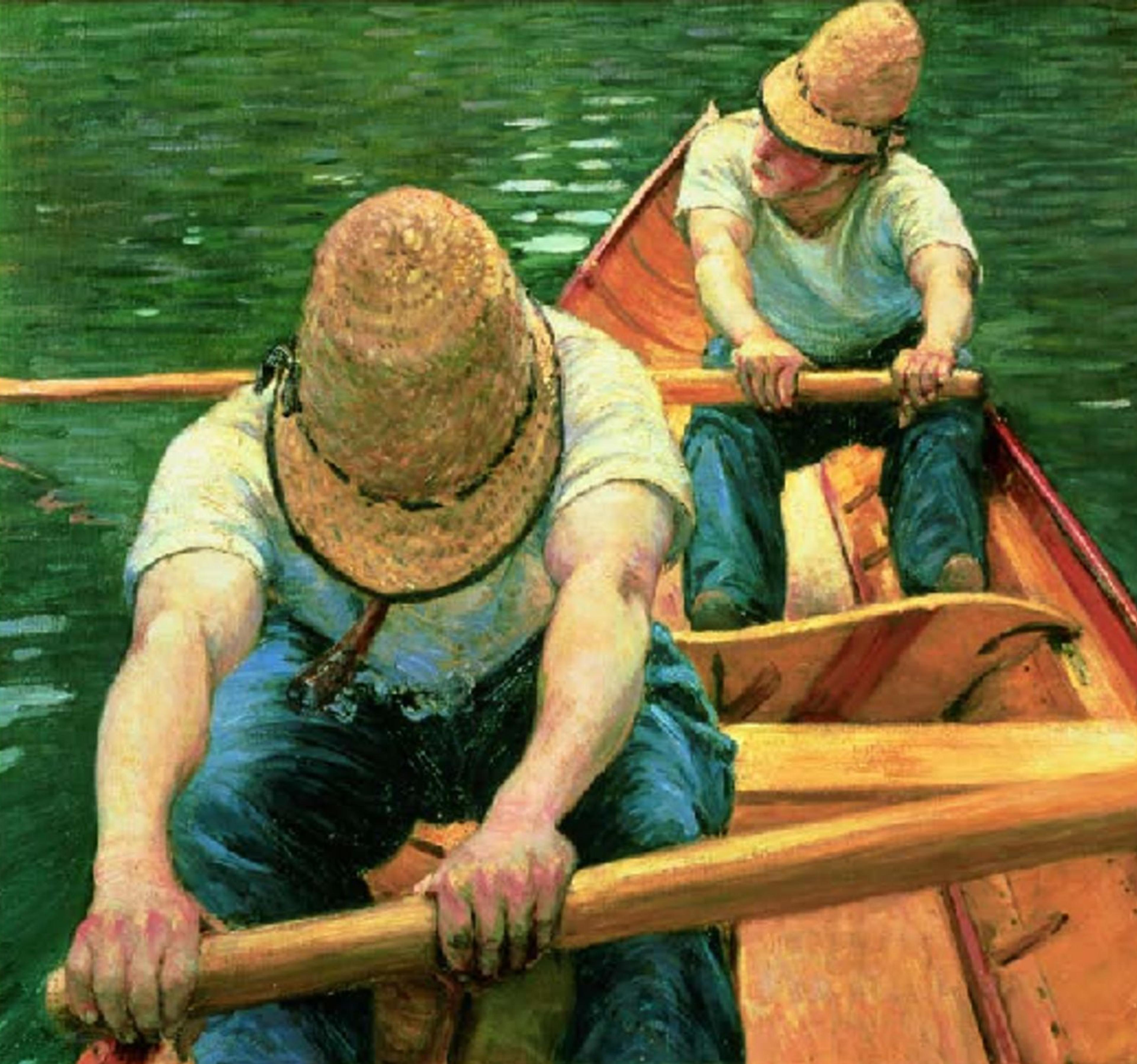 Painting of two people wearing straw hats rowing a canoe in water, at the bottom a green banner with white text reads "Educator packet for the special exhibition, Gustave Caillebott: Impressionism Paintings from Paris to the Sea, on view at the Brooklyn Museum, March 27 to July 5, 2009"