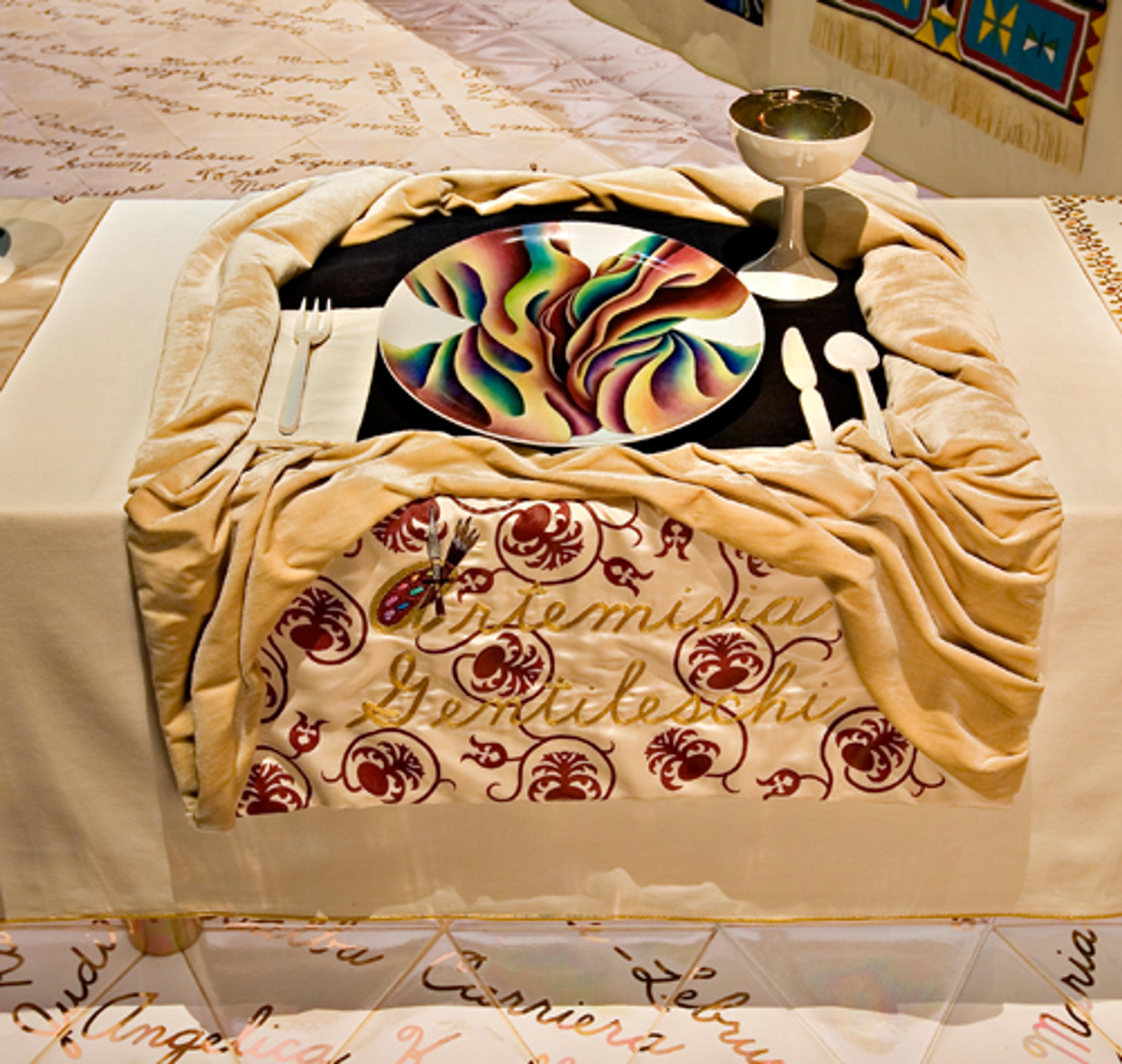 Judy Chicago (American, b. 1939). <i>The Dinner Party (Artemisia Gentileschi place setting)</i>, 1974–79. Mixed media: ceramic, porcelain, textile. Brooklyn Museum, Gift of the Elizabeth A. Sackler Foundation, 2002.10. © Judy Chicago. Photograph by Jook Leung Photography