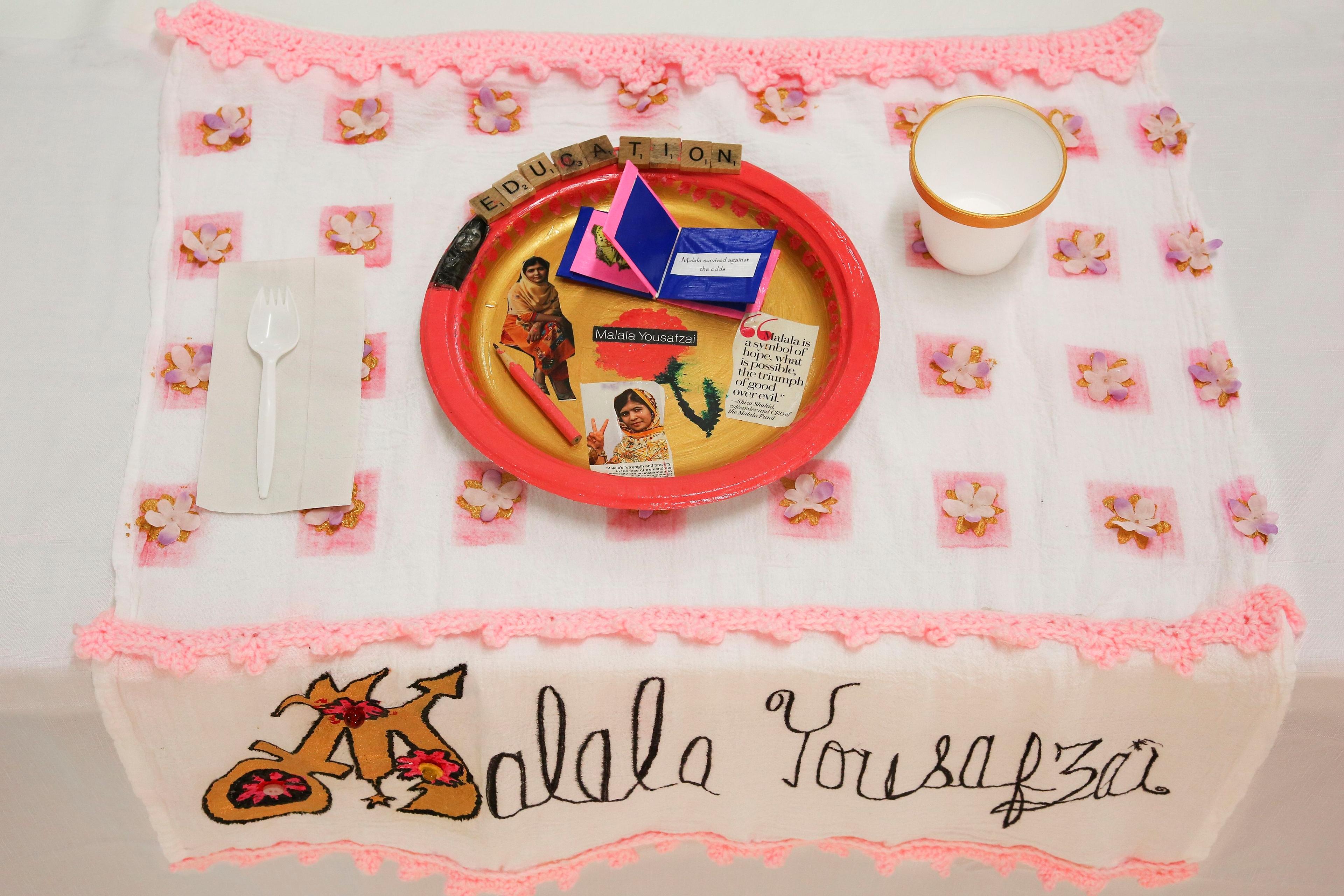 Tracie. Malala Yousafzai Place Setting, from the series Shared Dining, by Women of York, 2015. Courtesy of Susan Meiselas/Three Guineas Fund Project. Photo: © Susan Meiselas