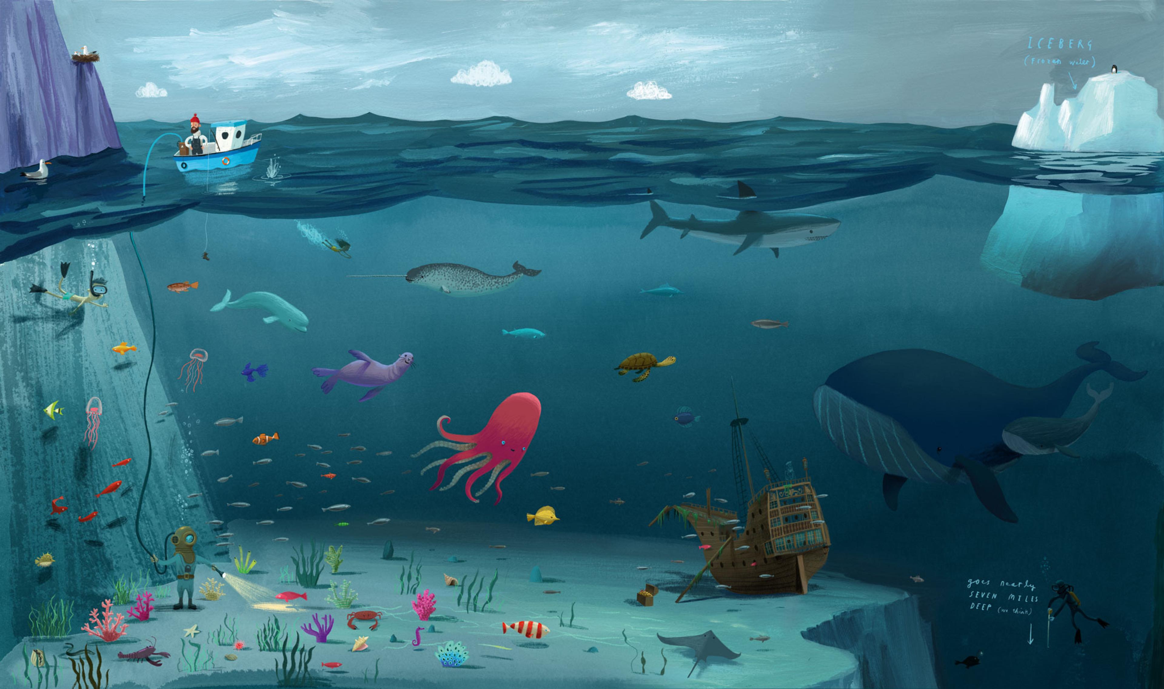 Illustration of an undersea scene filled with ocean life