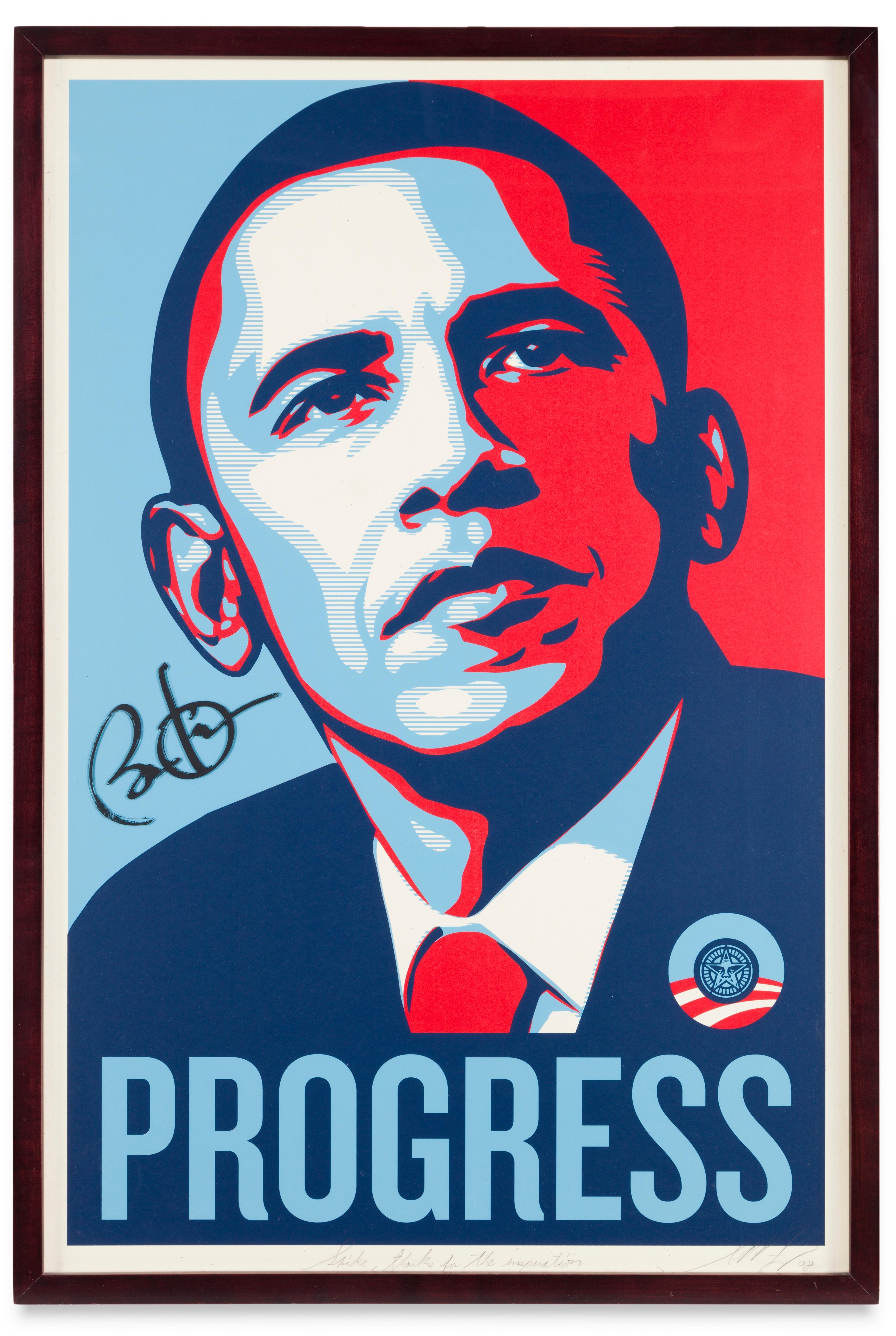 Shepard Fairey (born Charleston, South Carolina, 1970). <i>PROGRESS (Obama)</i>, 2008. Signed by Barack Obama and Fairey; inscribed by Fairey: “Spike, thanks for the inspiration.” Screenprint. Collection of Spike Lee and Tonya Lewis Lee. (Photo: by Joshua White, © 2023 Academy Museum Foundation),