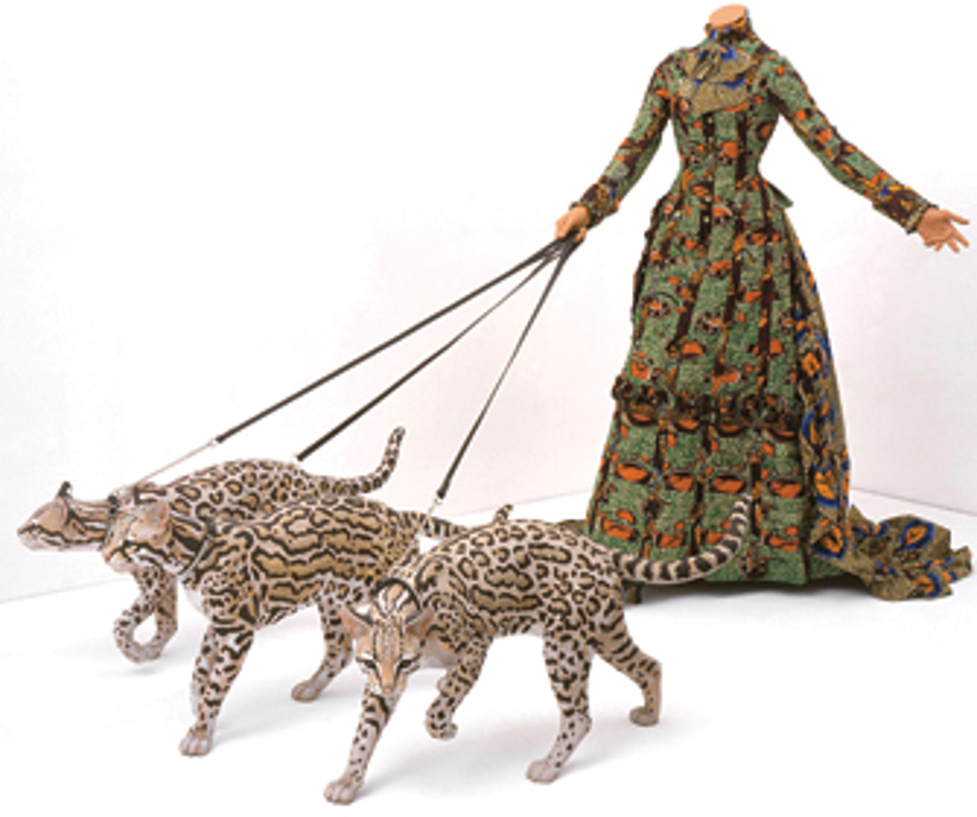 Yinka Shonibare MBE (b. United Kingdom, 1962). Leisure Lady (with Ocelots), 2001. Life-size fiberglass mannequin, three fiberglass ocelots, Dutch wax printed cotton, leather, glass. Vanhaerents Art Collection, Brussels, Belgium. Image courtesy of the artist; James Cohan Gallery, New York; and Stephen Friedman Gallery, London. © the artist