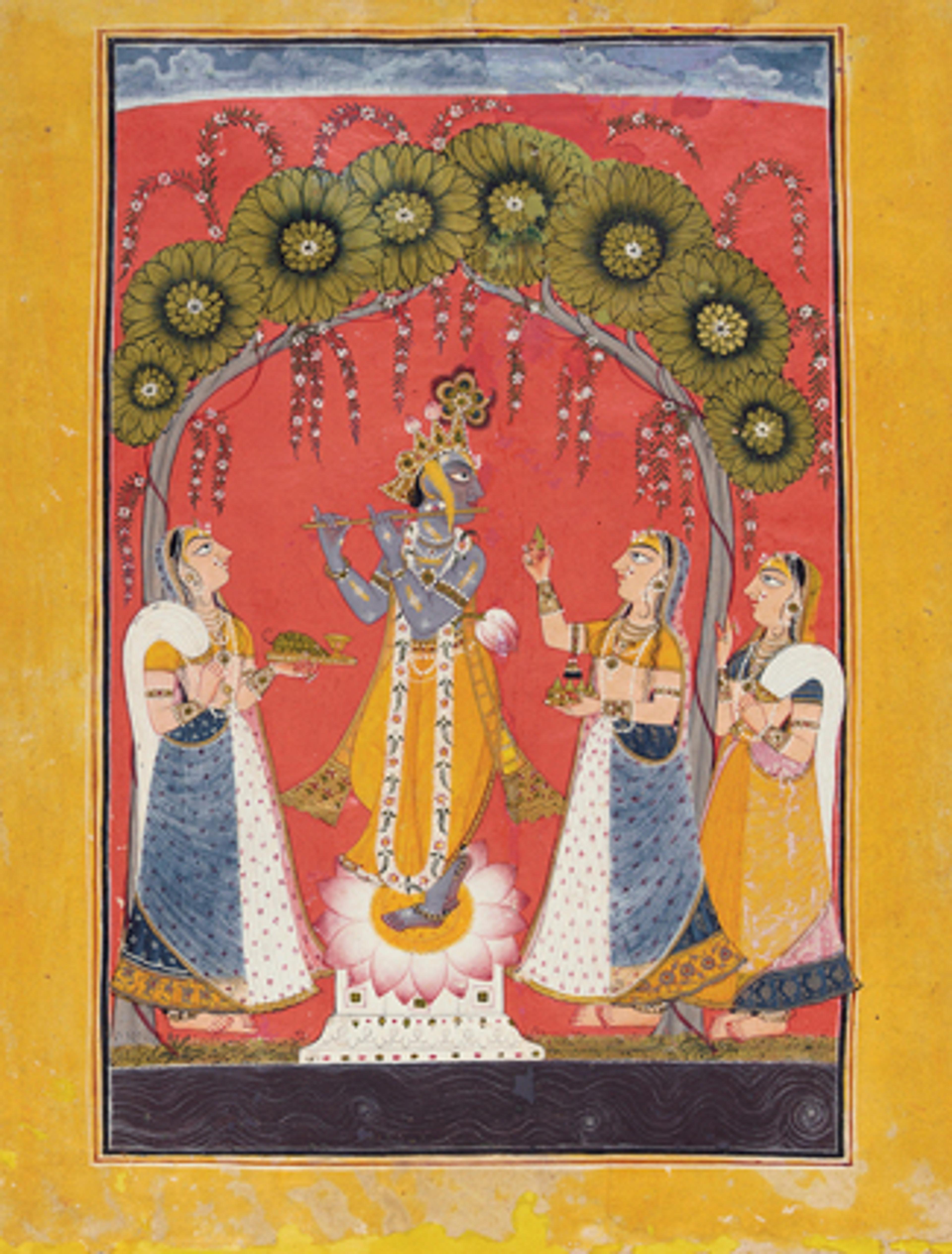 Krishna Fluting for the Gopis, page from an illustrated Dashavatara series. Northern India (Punjab Hills, Mankot), circa 1730. Opaque watercolor and gold on paper, 101⁄4 x 8 in. (26 × 20.3 cm). Collection of Catherine and Ralph Benkaim