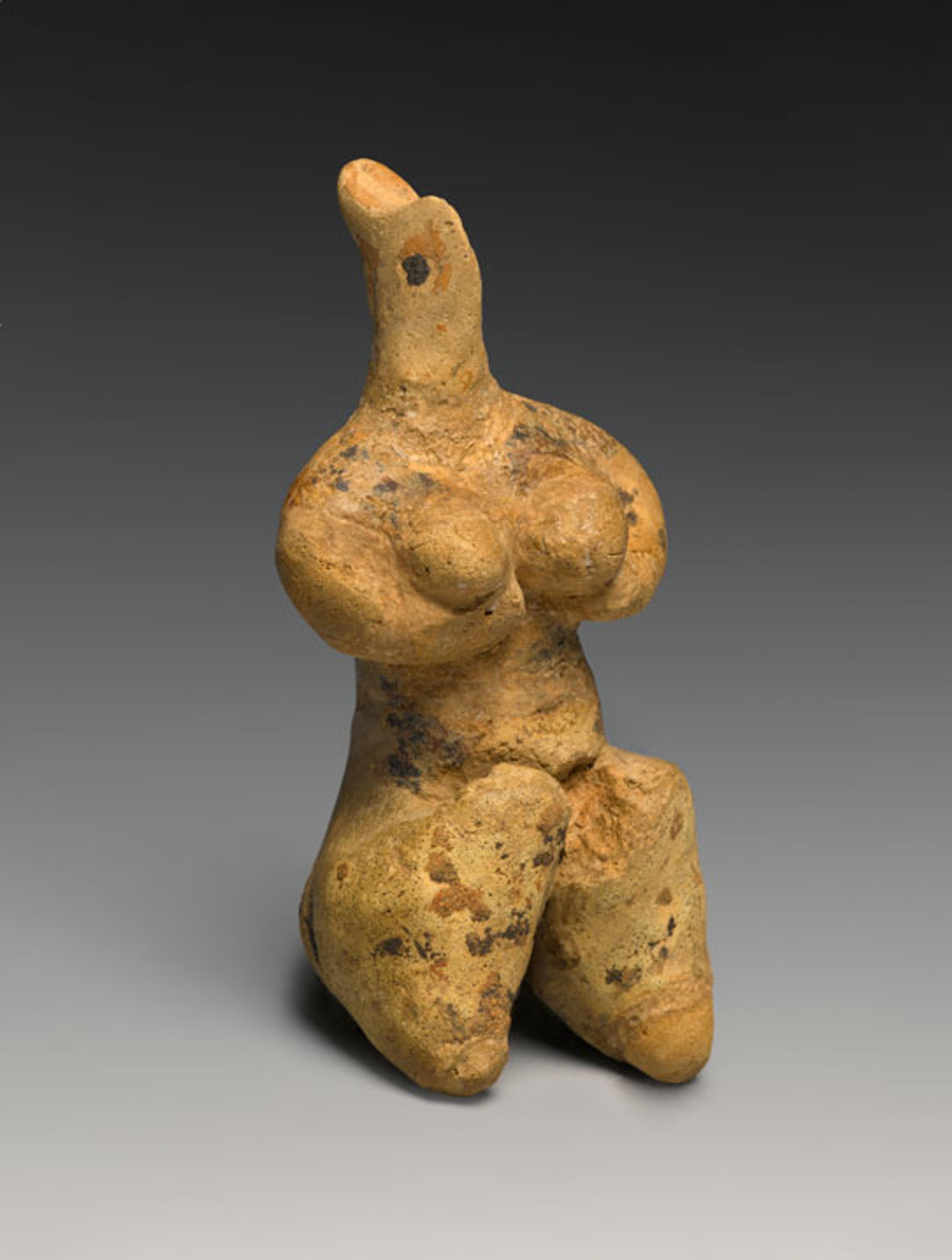 Female Figurine. Provenance not known; type known from northern Mesopotamia (modern Iraq) and Syria. Late Halaf Period, late fifth millennium B.C.E. Clay, pigment, 41⁄8 x 17⁄8 x 15⁄8 in. (10.4 × 4.7 × 4.2 cm). Brooklyn Museum, Purchased with funds given by the Hagop Kevorkian Fund and Designated Purchase Fund, 1990.14