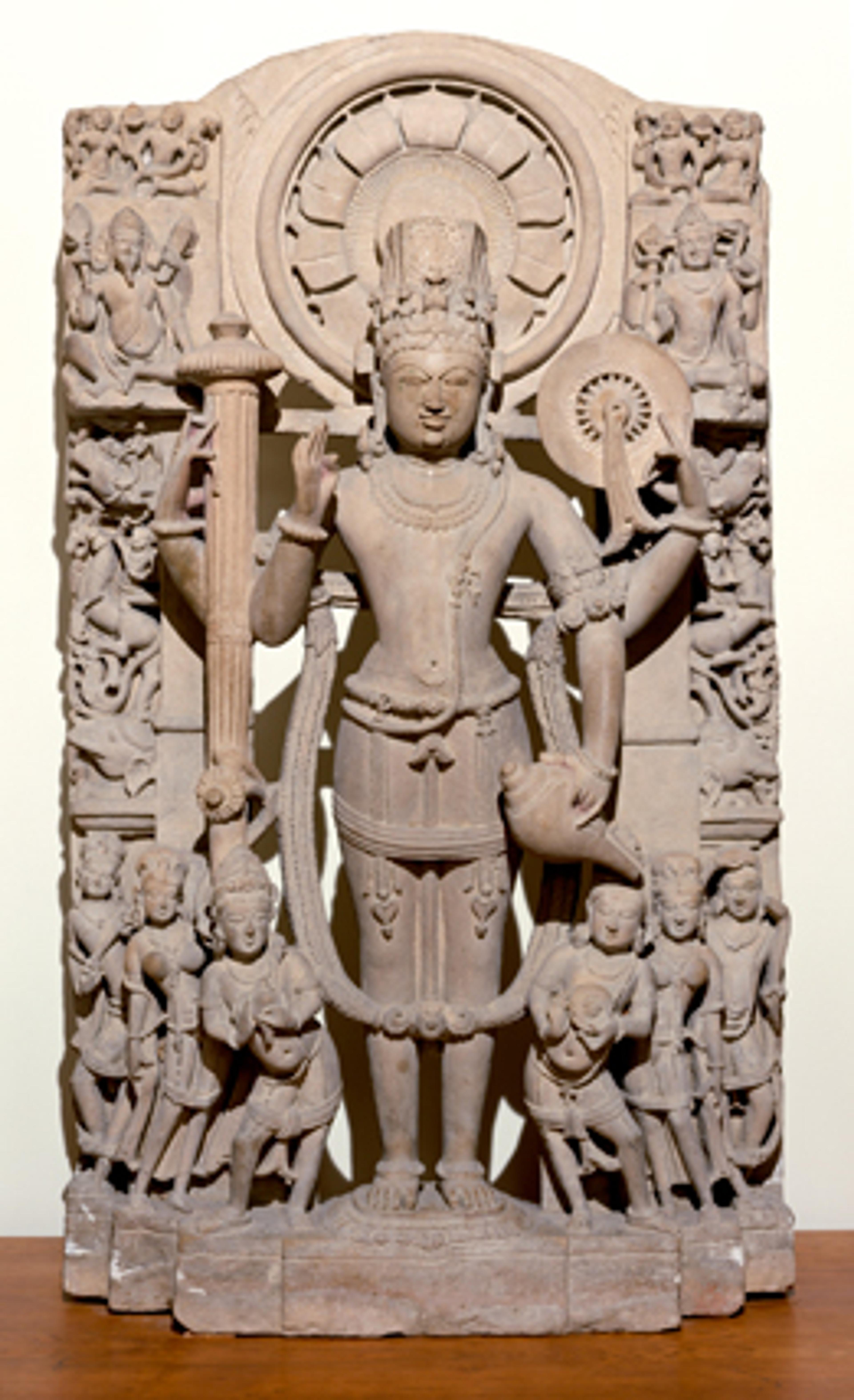 Vishnu Flanked by His Personified Attributes. Northern or central India, 12th century. Sandstone, 401⁄2 x 225⁄8 x 8 in. (103 × 57.7 × 20.3 cm). Krannert Art Museum and Kinkead Pavilion, University of Illinois, Urbana-Champaign, Gift of Ellnora D. Krannert, 1969-10-1