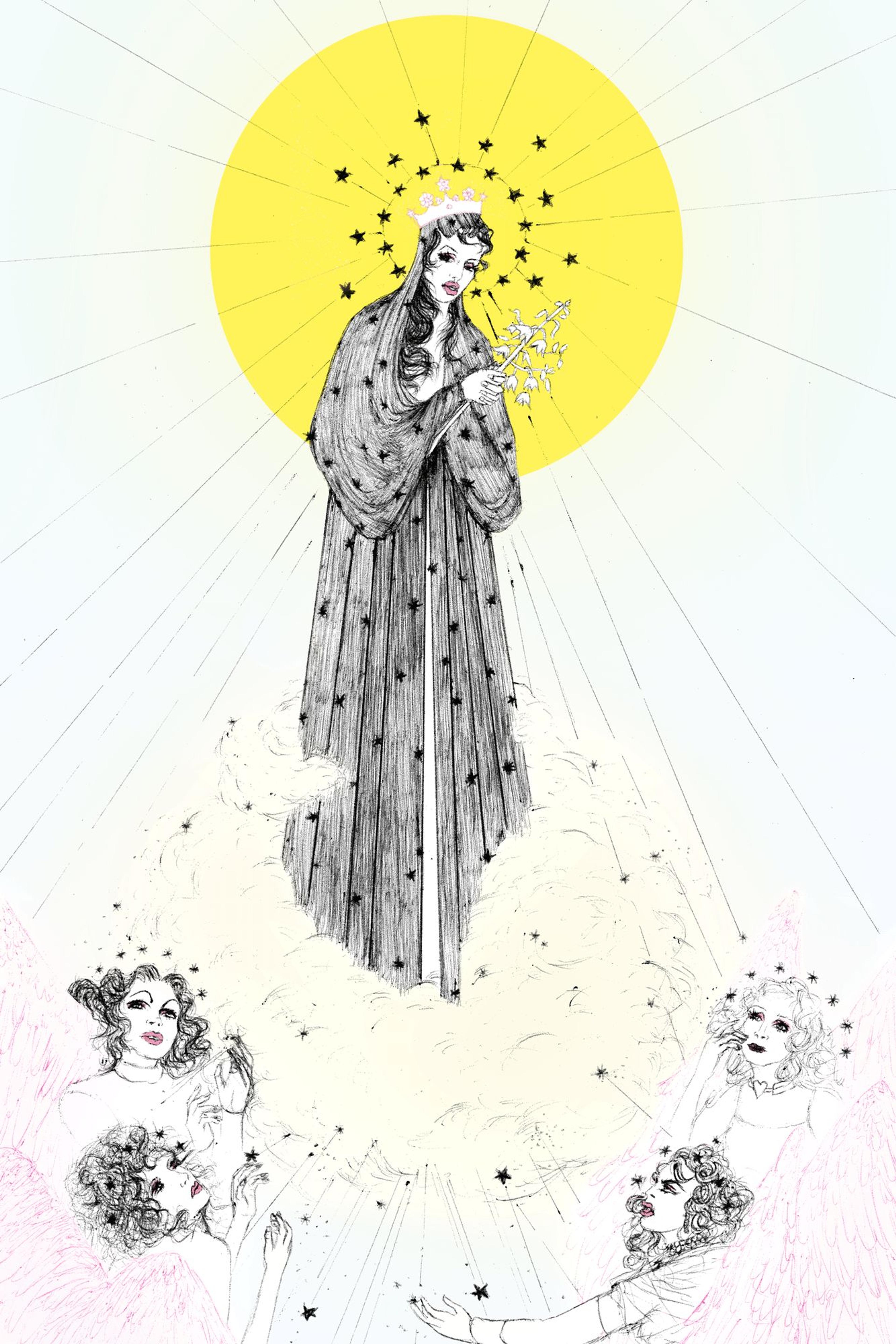 Untitled Queen (born Paggank/so-called Governors Island, NY, 1984), The Coronation of Chiquitita, the Queen of Heaven, with Warhol Superstar angels Holly Woodlawn, Jackie Curtis, Candy Darling, and Mario Montez, 2022. Pencil and pen on paper. © Untitled Queen