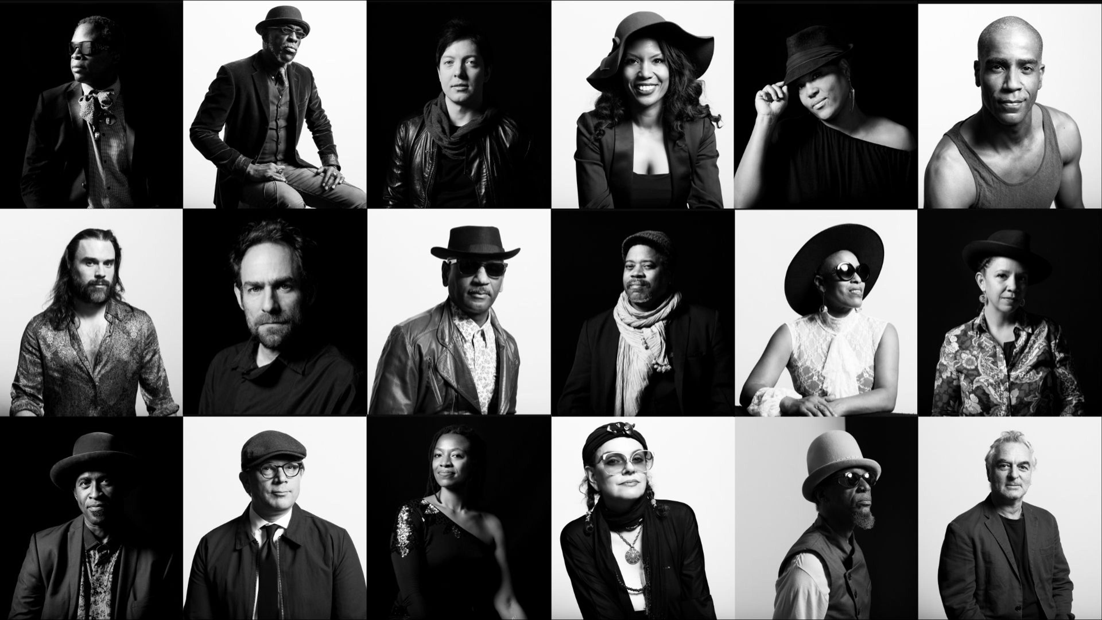 Burnt Sugar the Arkestra Chamber. Top: Micah Gaugh, V. Jeffrey Smith, Ben Tyree, Lisala Beatty, Karma Mayet Johnson, Chris Eddleton. Middle: Dave "Smoota" Smith, Leon Gruenbaum, Jared Michael Nickerson, Greg Tate, Shelley Nicole, LaFrae Sci. Bottom: Bruce Mack, Jason DiMatteo, Mazz Swift, "Moist" Paula Henderson, Mikel "Spirithood" Banks, Avram Fefer. (Photo: Shane Nelson)