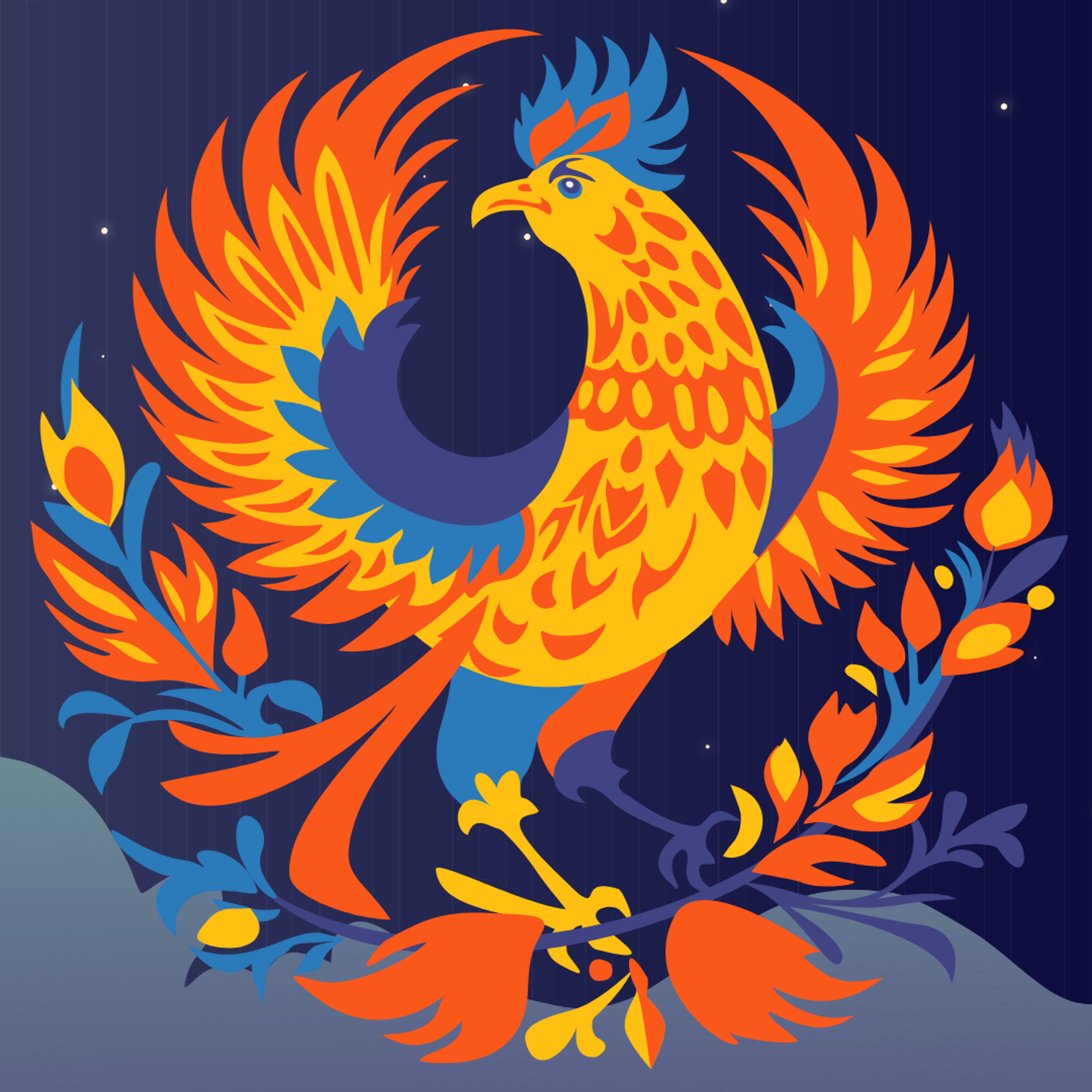 Colorful graphic of a bird with wings spread