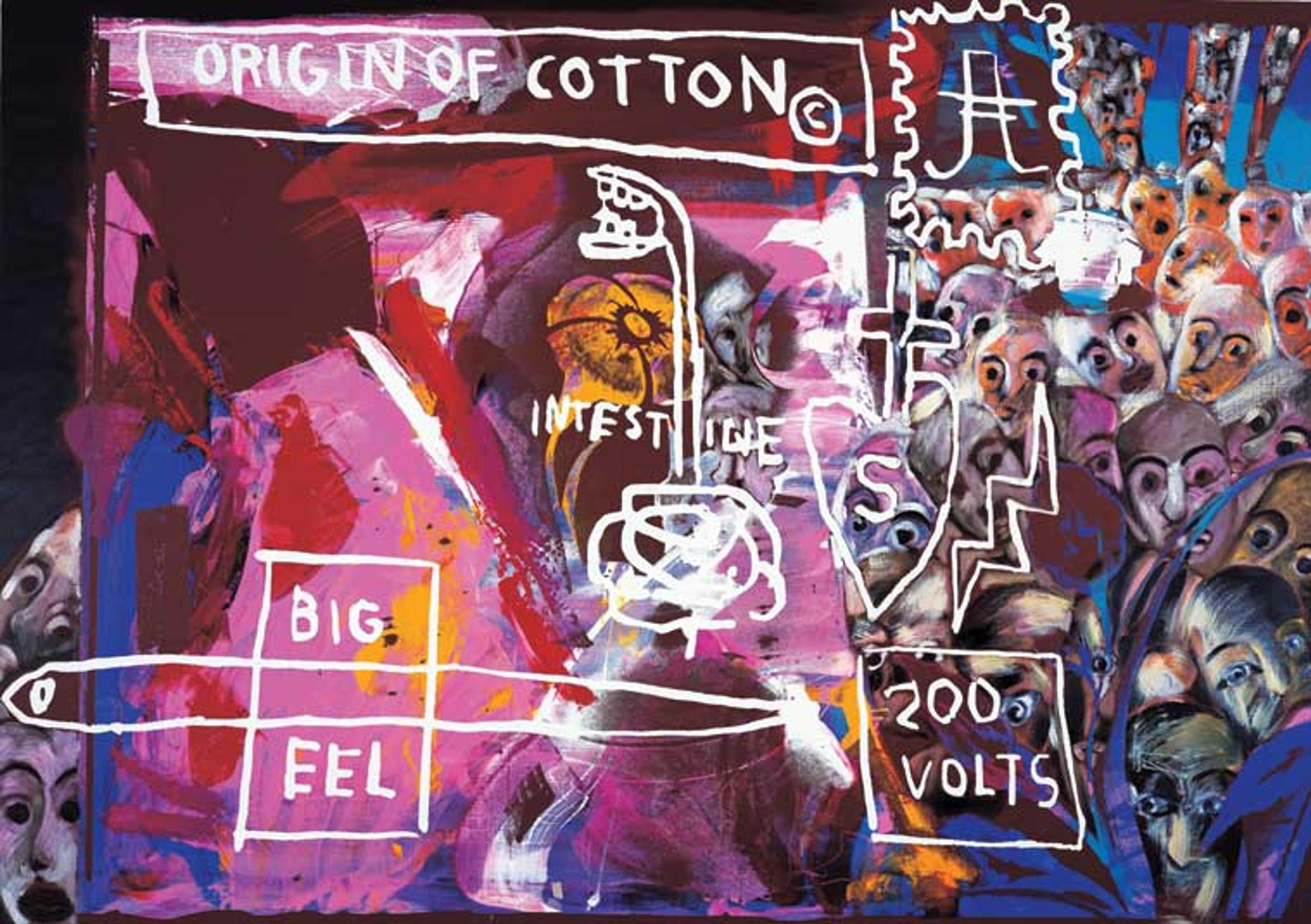 Andy Warhol (American, 1928–1987), Jean-Michel Basquiat (American, 1960–1988), and Francesco Clemente (Italian, b. 1952). Origin of Cotton, 1984. Mixed media on canvas, 501⁄2 x 71 in. (128 × 180.5 cm). Private Collection, Courtesy Galerie Bruno Bischofberger, Zurich. © 2010 The Andy Warhol Foundation for the Visual Arts/Artists Rights Society (ARS), New York. © 2010 The Estate of Jean-Michel Basquiat/ADAGP, Paris/ARS, NY