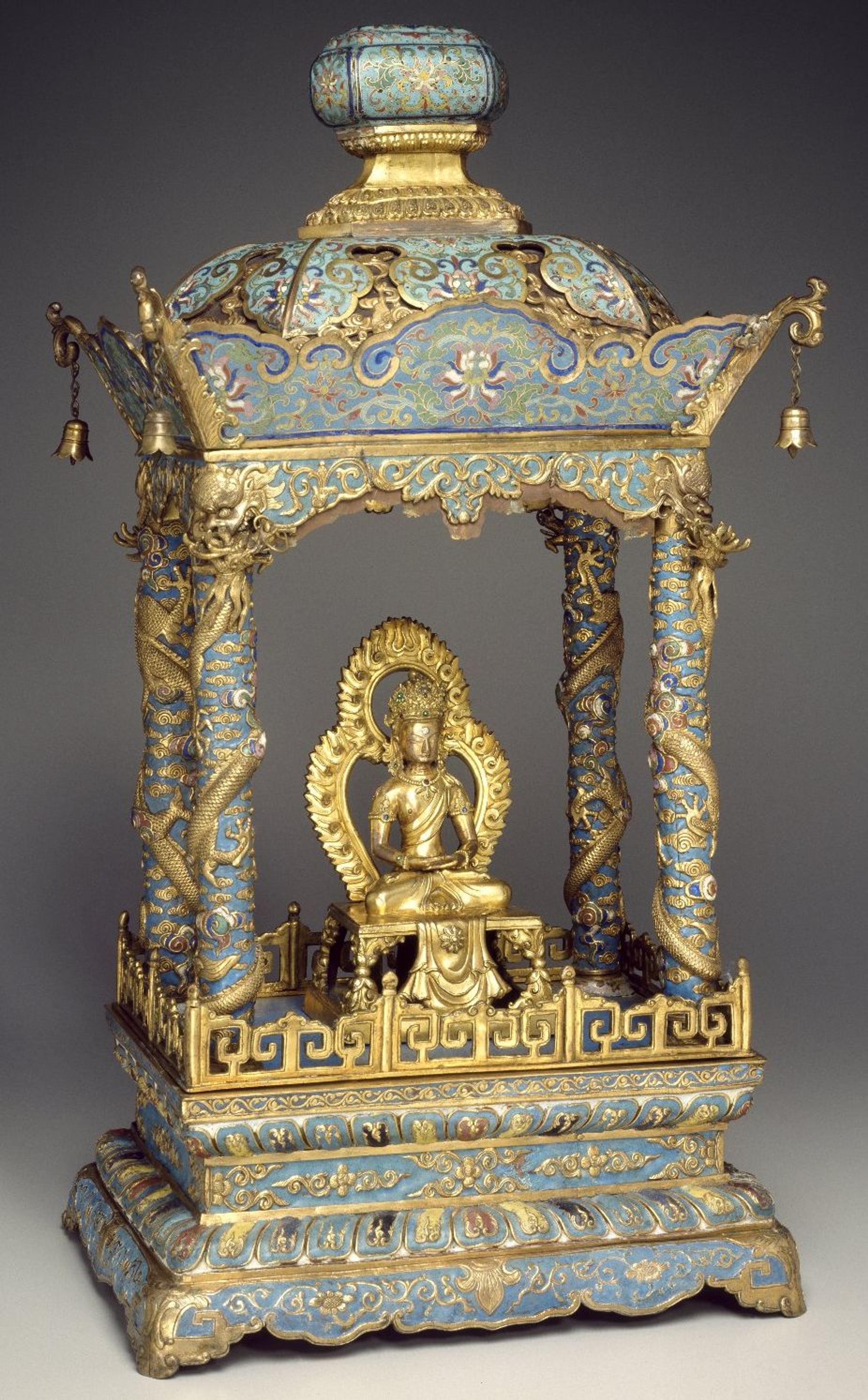 Shrine with an Image of the Buddha Amitayus. China, Qing dynasty, Qianlong period, 1736–95. Enamel on copper alloy, gilt bronze, semiprecious stones, 25 1/4 × 14 3/8 × 10 5/8 in. (64.1 × 36.5 × 27 cm). Brooklyn Museum; Gift of Samuel P. Avery, Jr., 09.520a-b. (Photo: Brooklyn Museum)