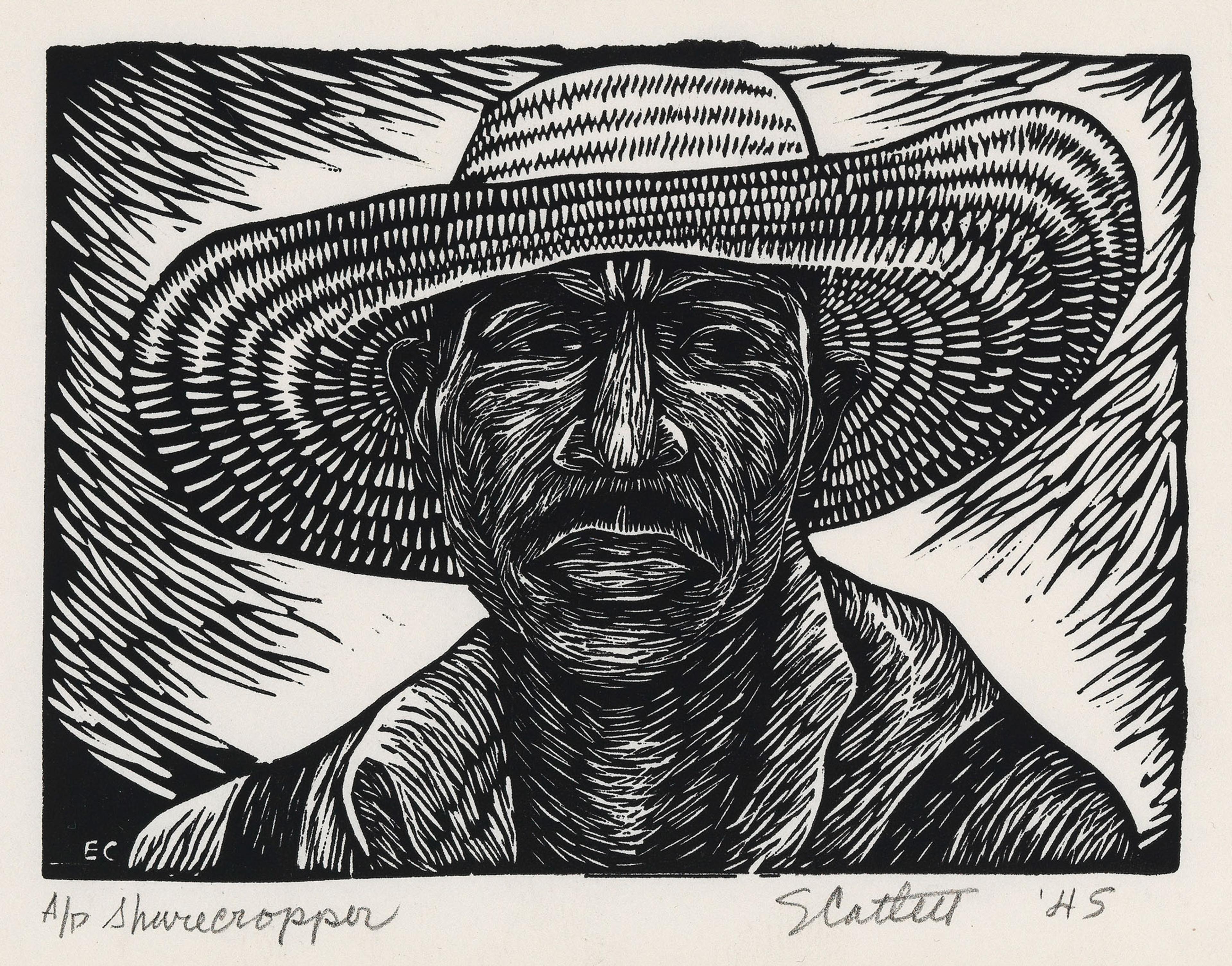 Black and white print featuring a person with a mustache wearing a large-brimmed hat