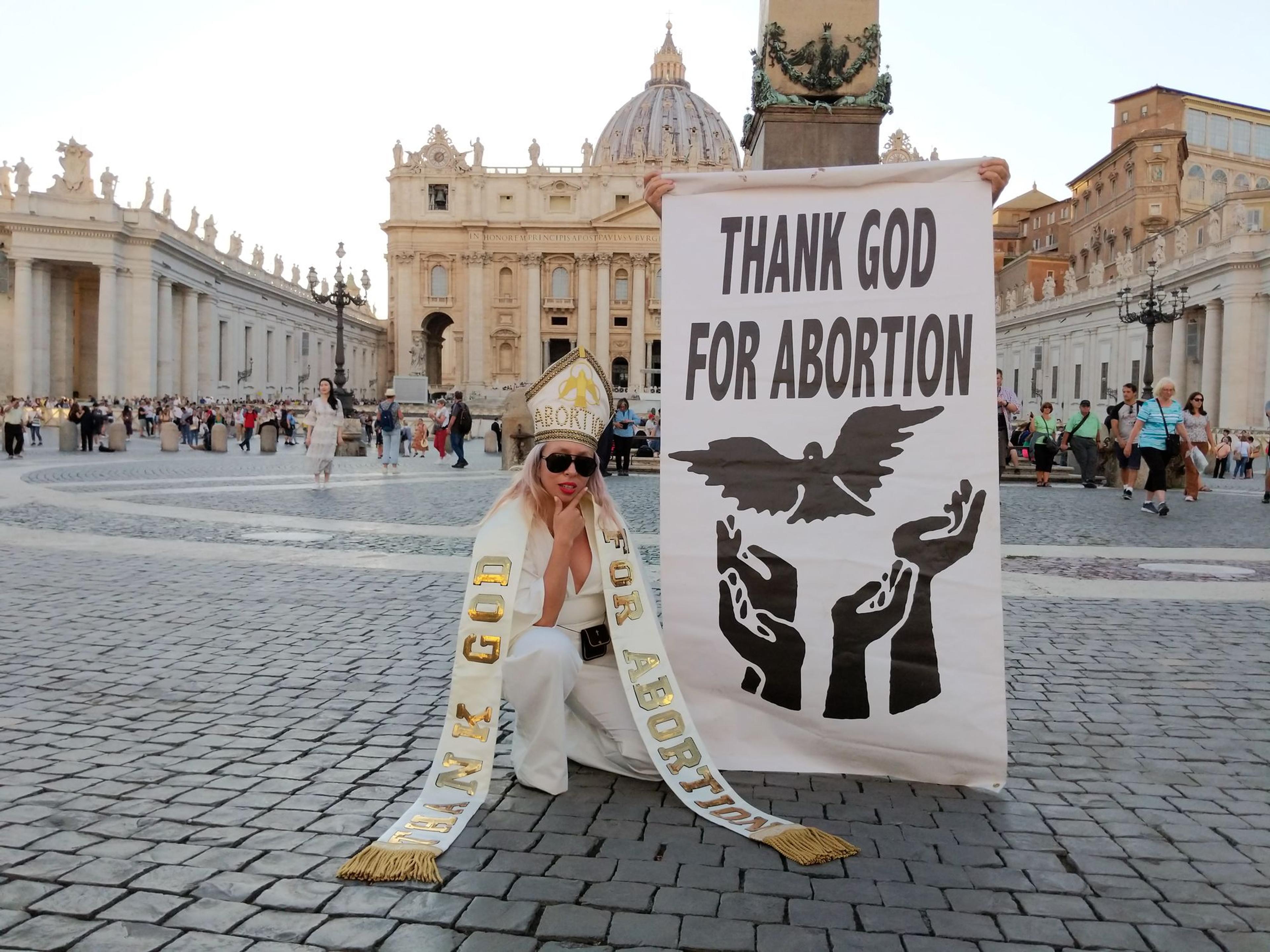 Viva Ruiz (born New York City, ∞). Thank God for Abortion, Vatican, 2019. Documentation of performance. Courtesy of the artist