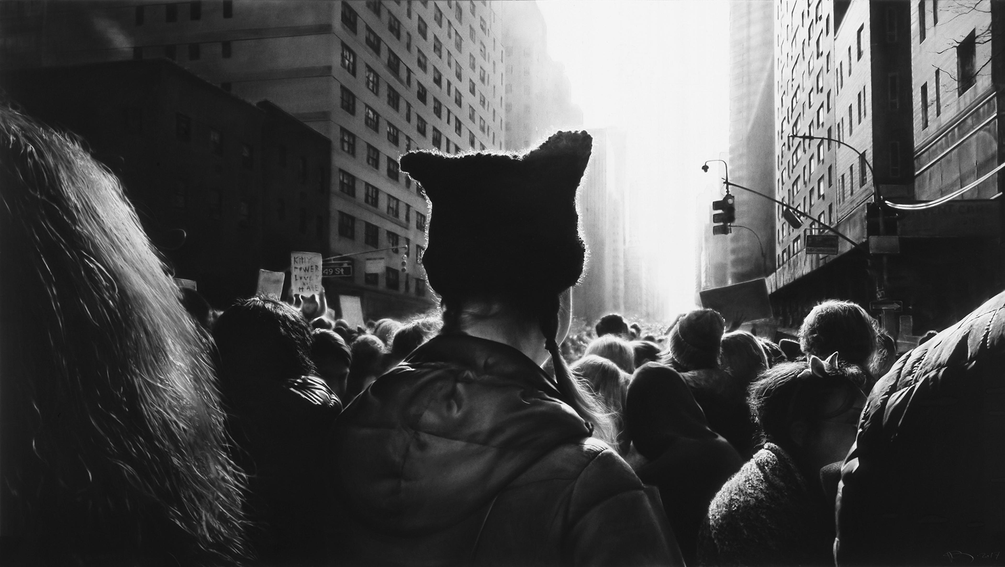 Robert Longo (American, born 1953). Untitled (Black Pussy Hat in Women’s March), 2017. Charcoal on mounted paper, 60 x 1065/8 in. (152.4 x 270.8 cm). © Robert Longo, Courtesy of the artist, Metro Pictures, New York, and Galerie Thaddaeus Ropac; London, Paris, Salzburg