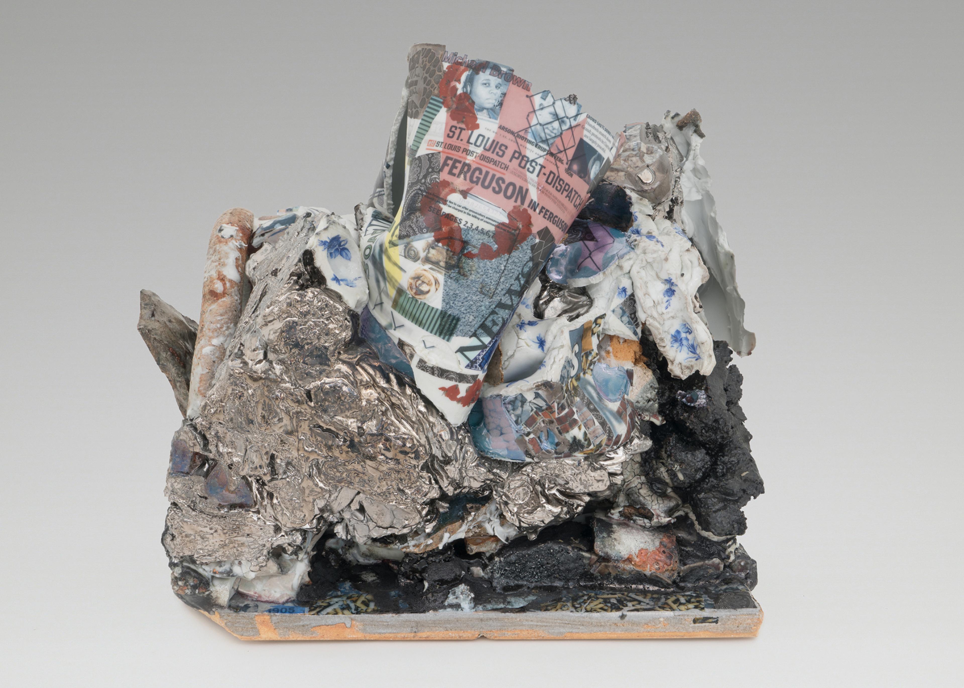 Kahlil Robert Irving. CITY—COUNTY, 2017. Glazed and unglazed porcelain and stoneware, gravel, glass, red earthenware brick, vintage and constructed decals, blue and silver luster, 141/2 x 15 x 141/2 in. (36.8 x 38 x 36.8 cm). Courtesy of the artist and Callicoon Fine Arts, New York. (Photo: Sean Fader)