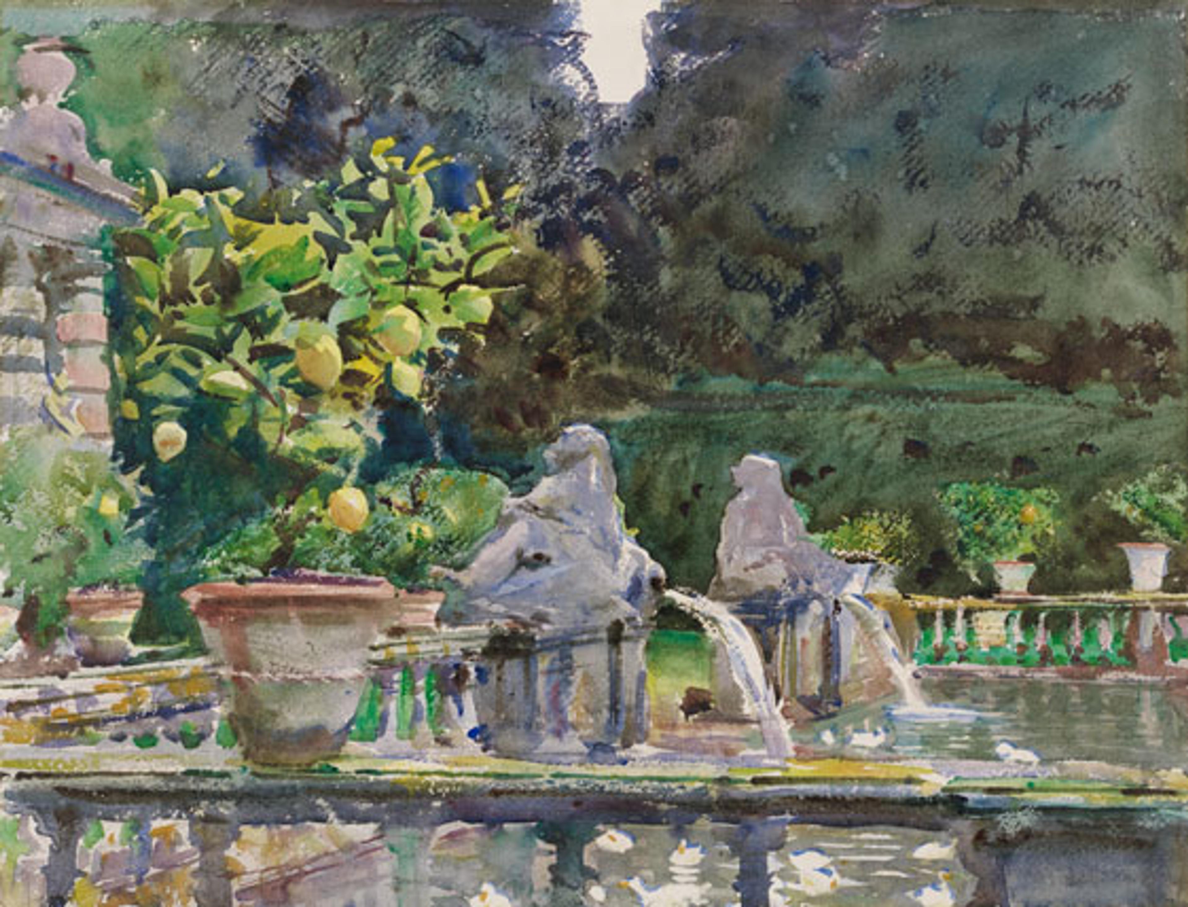 John Singer Sargent (American, 1856–1925). Villa di Marlia, Lucca: A Fountain, 1910. Translucent watercolor and touches of opaque watercolor and wax resist with graphite underdrawing, 157⁄8 x 207⁄8 in. (40.4 × 53.1 cm). Museum of Fine Arts, Boston, The Hayden Collection—Charles Henry Hayden Fund. Photograph © 2013 Museum of Fine Arts, Boston