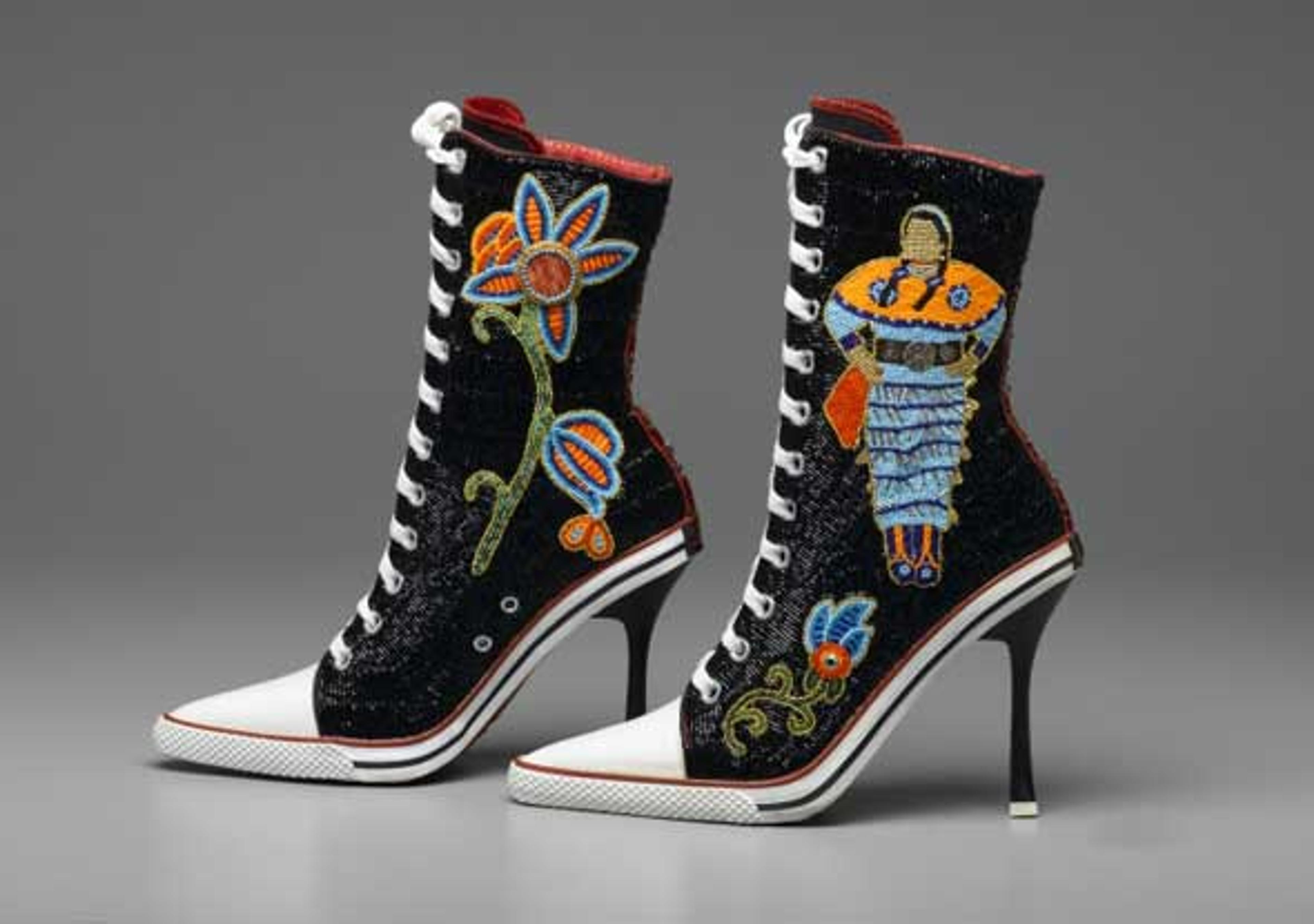 Teri Greeves (Kiowa, b. 1970). Great Lakes Girls, 2008. Glass beads, bugle beads, Swarovski crystals, sterling silver stamped conchos, spiny-oyster shell cabochons, canvas high-heeled sneakers, 111⁄2 x 9 × 3 in. (29.2 × 22.9 × 7.6 cm). Brooklyn Museum, Gift of Stanley J. Love, by exchange, 2009.1a-b