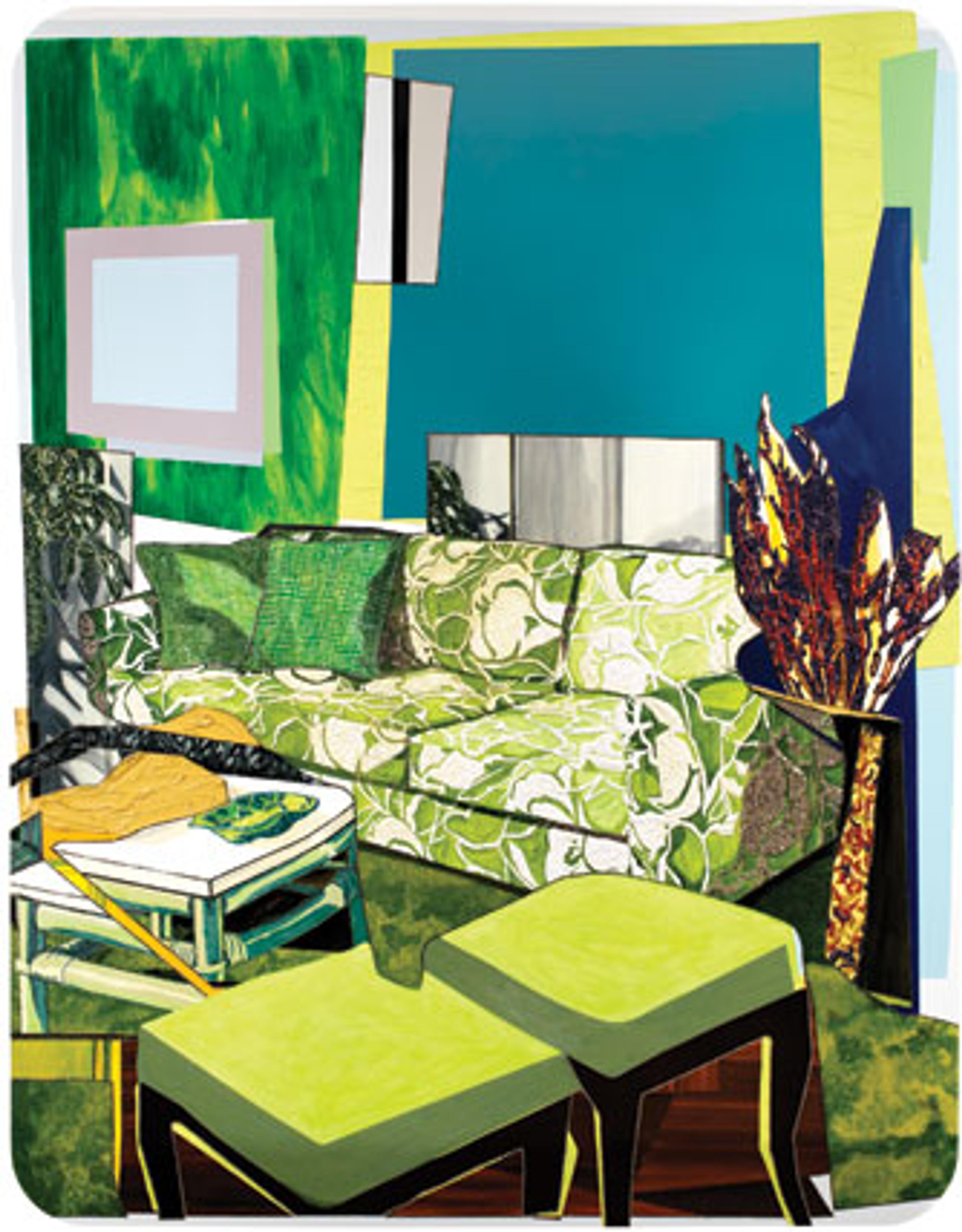 Mickalene Thomas (American, b. 1971). Interior: Green and White Couch, 2012. Rhinestones, acrylic, oil, and enamel on wood panel. Collection of Miyoung Lee and Neil Simpkins, New York