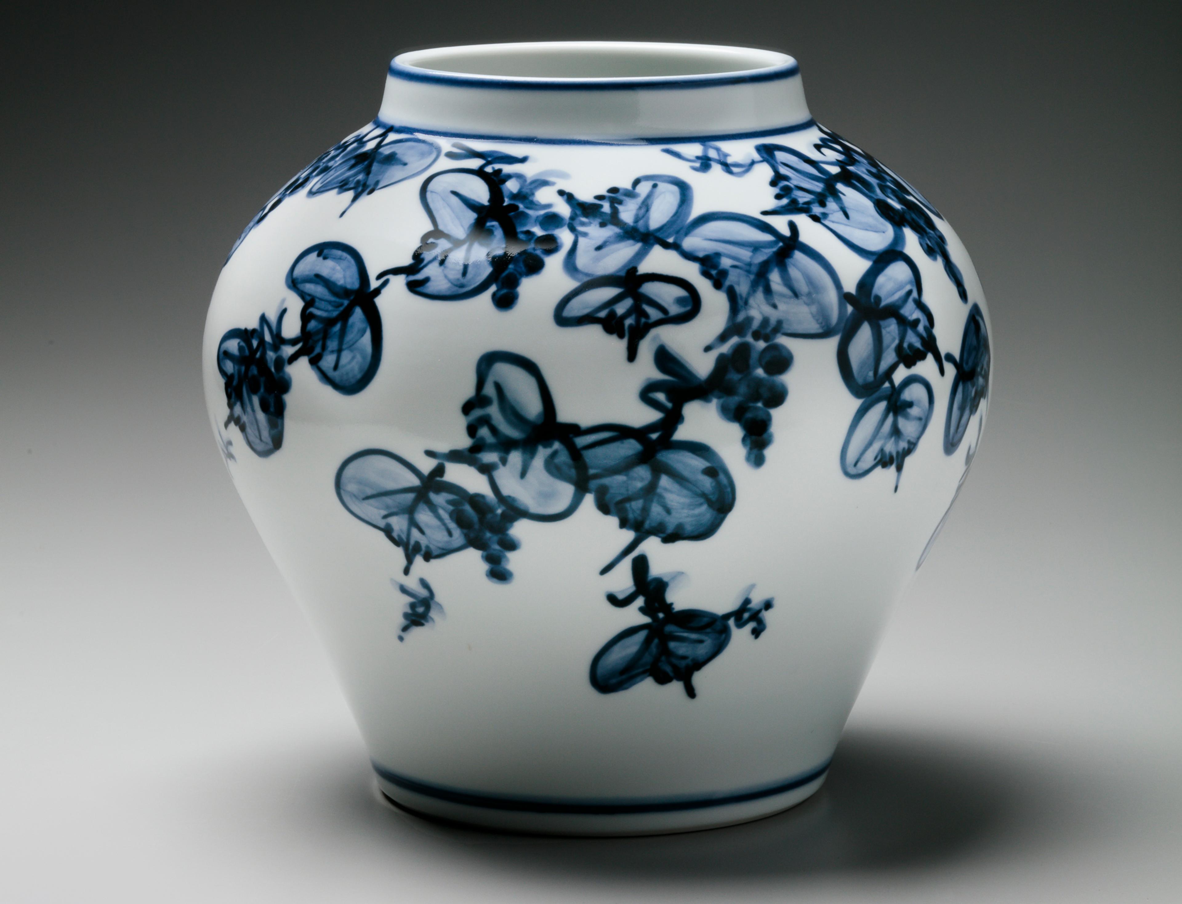 Kondō Hiroshi (Japanese, 1936–2012). <i>Jar with Grapevine</i>, circa 2009. Glazed porcelain, 9 1/16 × 9 7/16 × 9 7/16 in. (23 × 24 × 24 cm). Carol and Jeffrey Horvitz Collection. (Photo: Richard P. Goodbody and John Morgan)