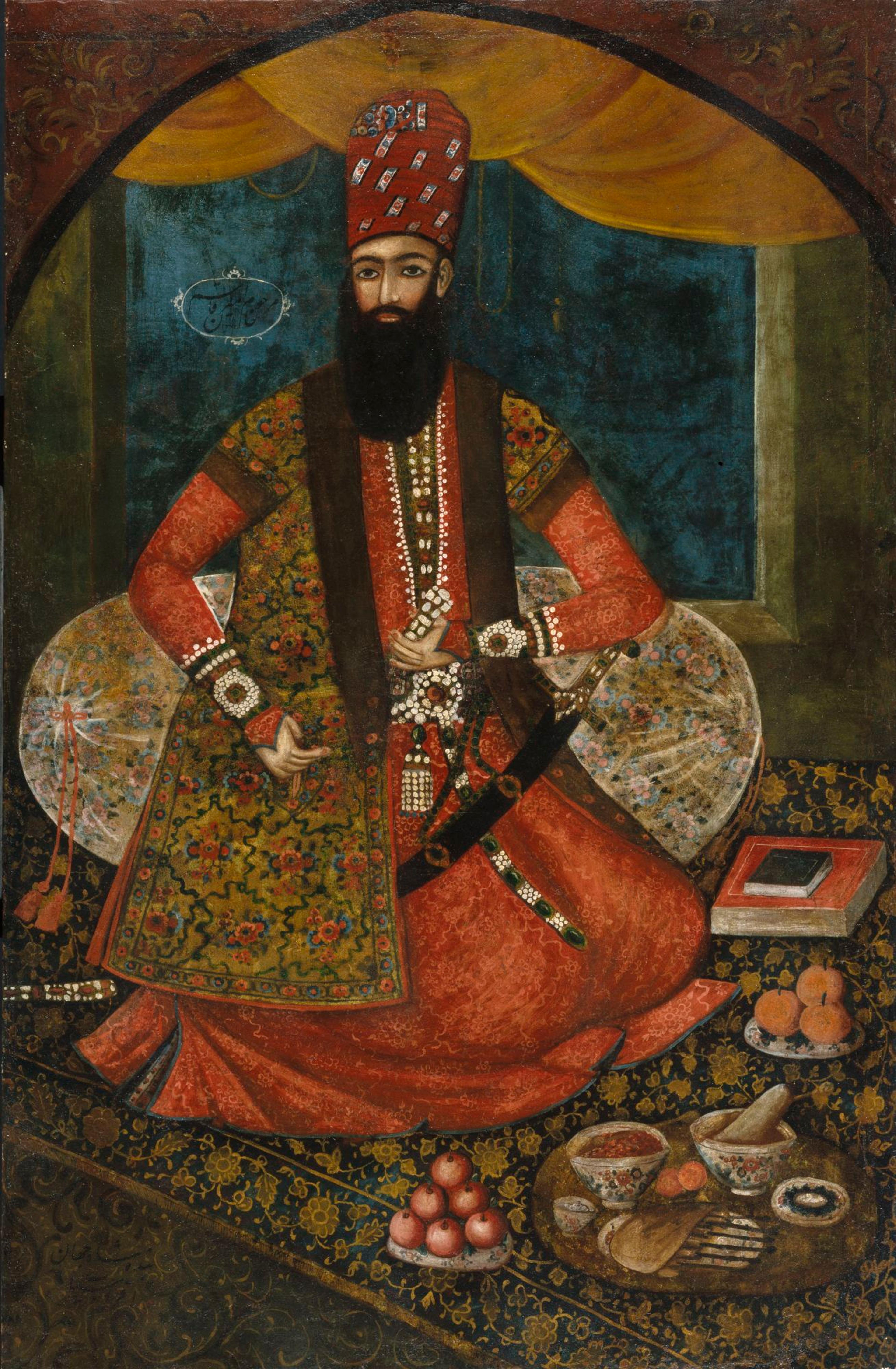 Portrait of the Late Amir Qasim Khan, Iran, Qajar period, H. 1272 / 1855 C.E. Oil on canvas, 59 × 37 in. (149.9 × 94 cm). Brooklyn Museum, Gift of Mr. and Mrs. Charles K. Wilkinson, 73.145. (Photo: Brooklyn Museum)