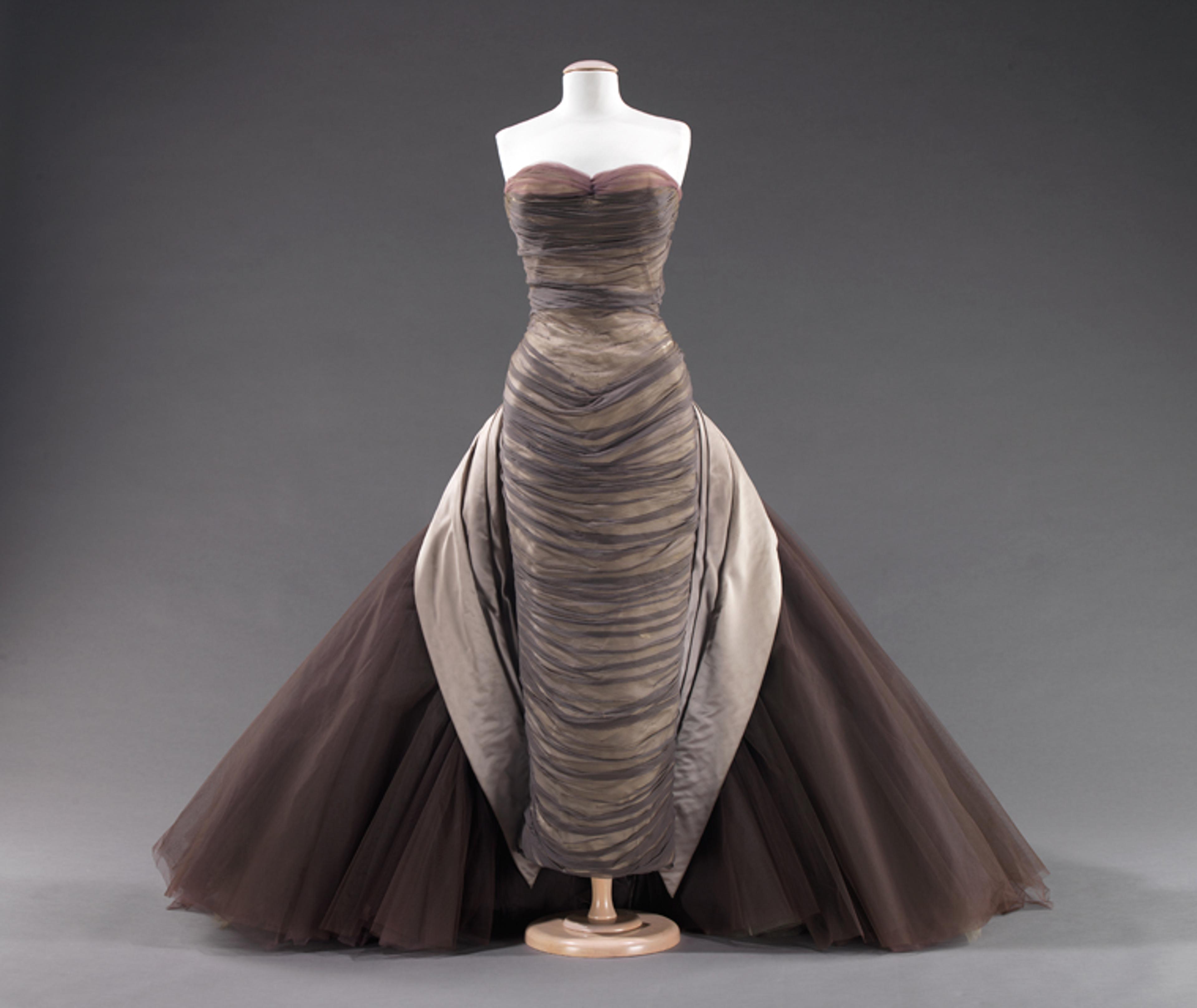 Charles James (American, born England, 1906–1978). “Butterfly” Dress, 1955. Smoke gray silk chiffon; pale gray silk satin; aubergine, lavender, and oyster white tulle. Brooklyn Museum Costume Collection at The Metropolitan Museum of Art, Gift of the Brooklyn Museum, 2009; Gift of Mrs. John de Menil, 1957 (2009.300.816)