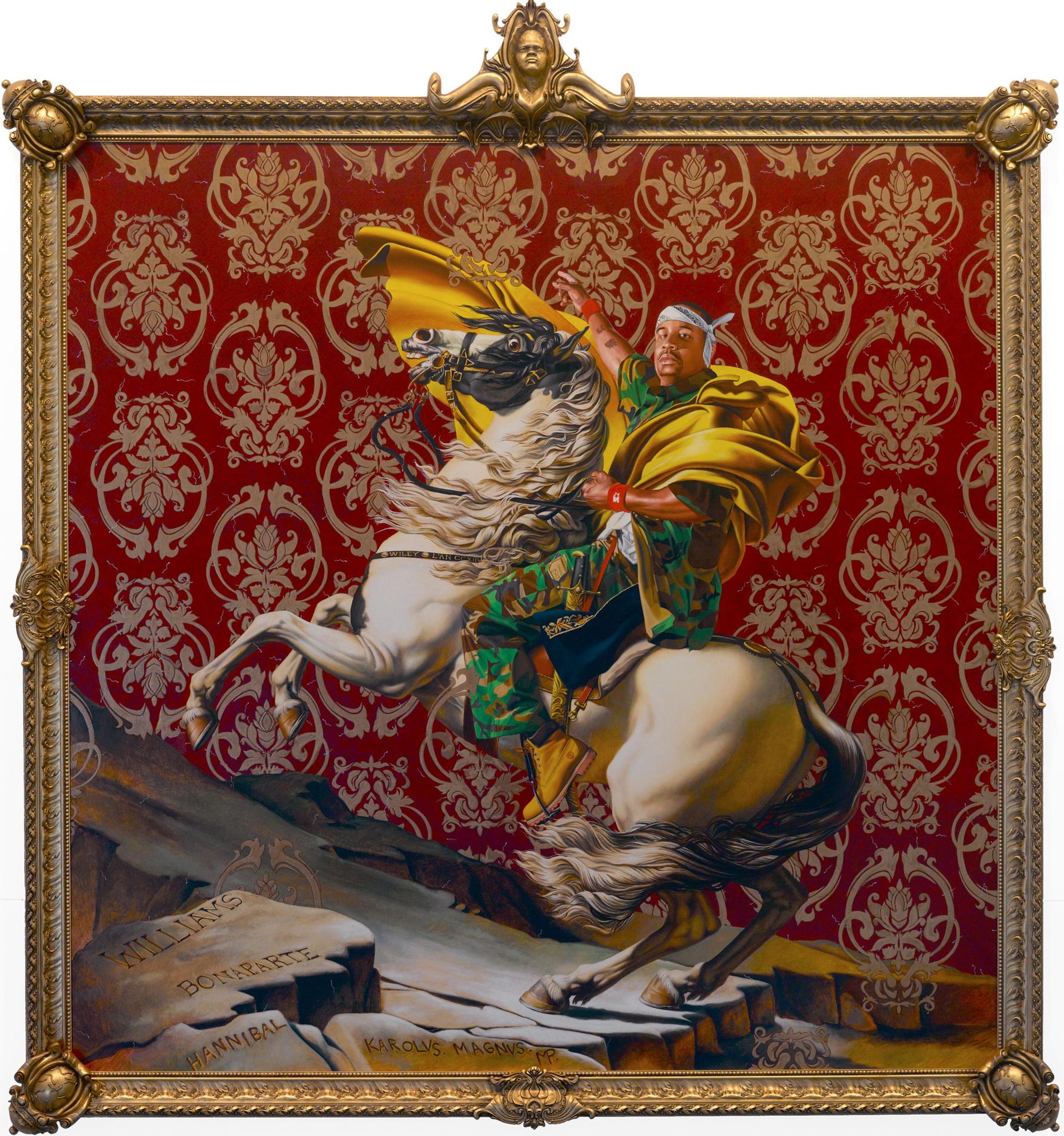 Kehinde Wiley (American, born 1977). Napoleon Leading the Army over the Alps, 2005. Oil on canvas, 108 x 108 in. (274.3 x 274.3 cm). Brooklyn Museum; Partial gift of Suzi and Andrew Booke Cohen in memory of Ilene R. Booke and in honor of Arnold L. Lehman, Mary Smith Dorward Fund, and William K. Jacobs, Jr. Fund, 2015.53. © Kehinde Wiley. (Photo: Brooklyn Museum)