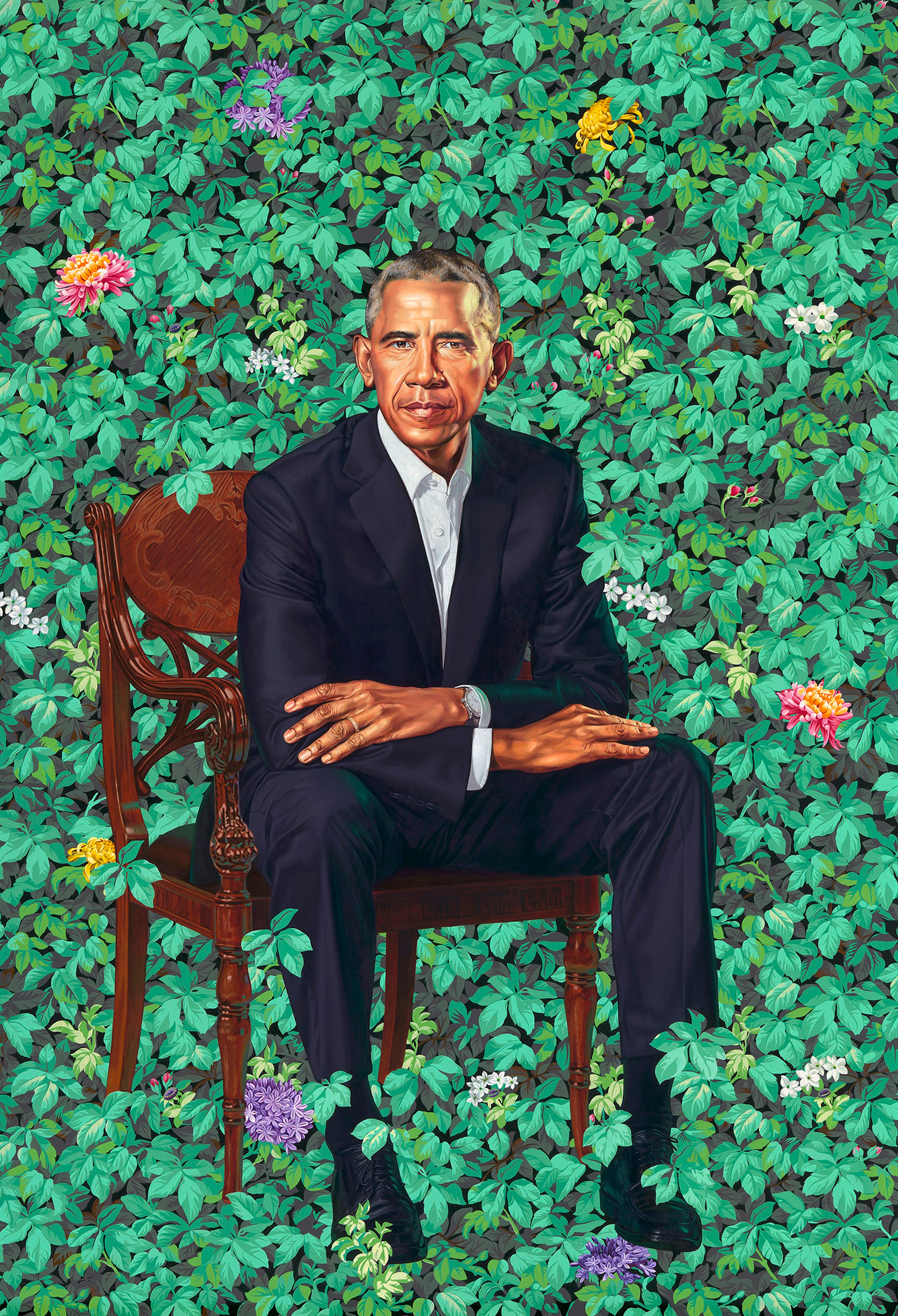 Kehinde Wiley (American, born 1977). Barack Obama, 2018. Oil on canvas. National Portrait Gallery, Smithsonian Institution. The National Portrait Gallery is grateful to the following lead donors for their support of the Obama portraits: Kate Capshaw and Steven Spielberg, Judith Kern and Kent Whealy, and Tommie L. Pegues and Donald A. Capoccia. © 2018 Kehinde Wiley. (Photo: Courtesy of the National Portrait Gallery)