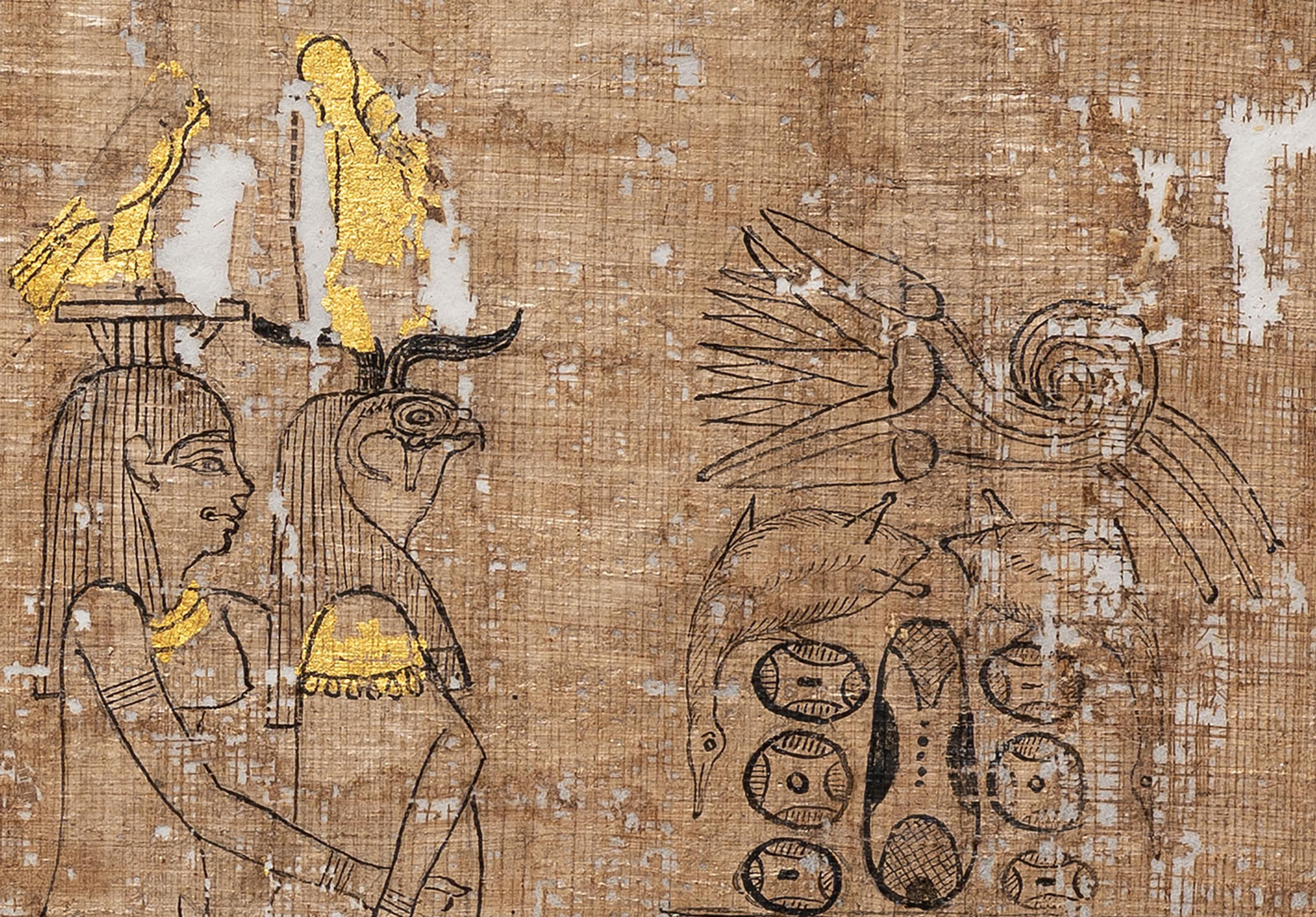 Papyrus featuring illustration of Egyptian deities standing beside an offering table with hieroglyphs