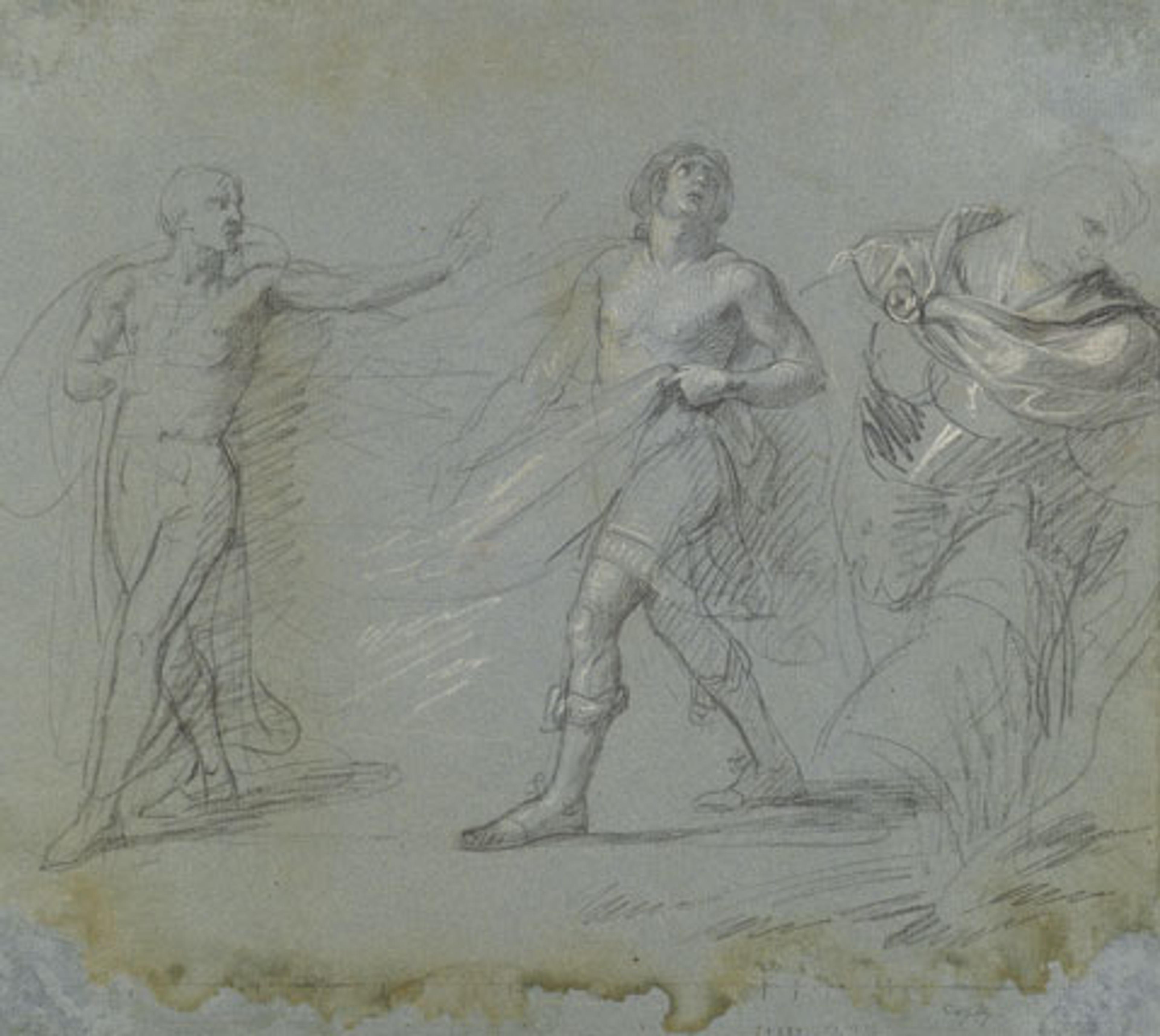 John Singleton Copley (American, 1738–1815). Studies for “Saul Reproved by Samuel in Not Obeying the Commandments of the Lord,” 1797–98. Black crayon and white chalk on blue laid paper, 121⁄4 x 141⁄4 in. (31.1 × 36.2 cm). Brooklyn Museum, Purchased with funds given by Mr. and Mrs. Leonard L. Milberg, 1990.126.1a–b