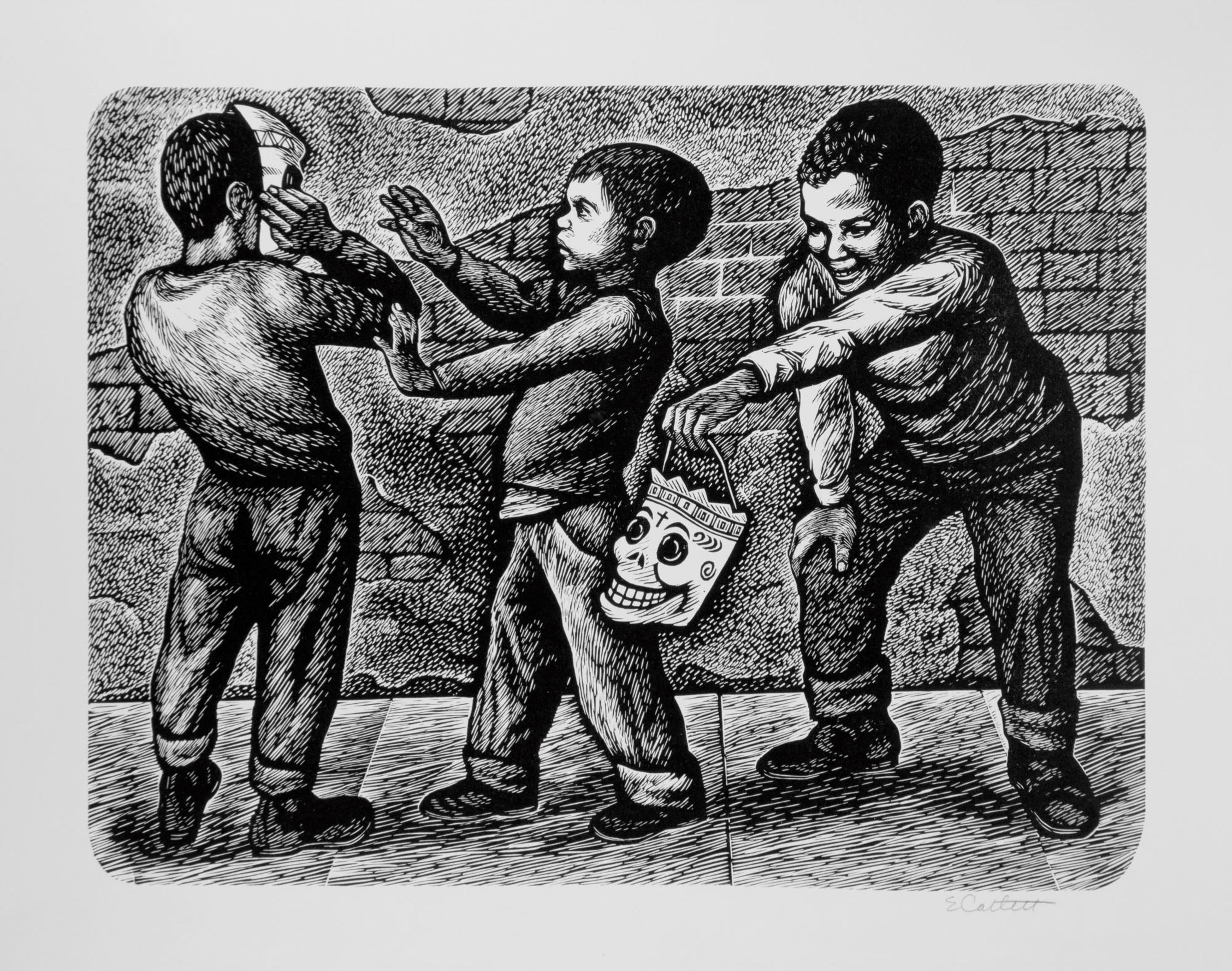 Black and white print of three children playing with masks