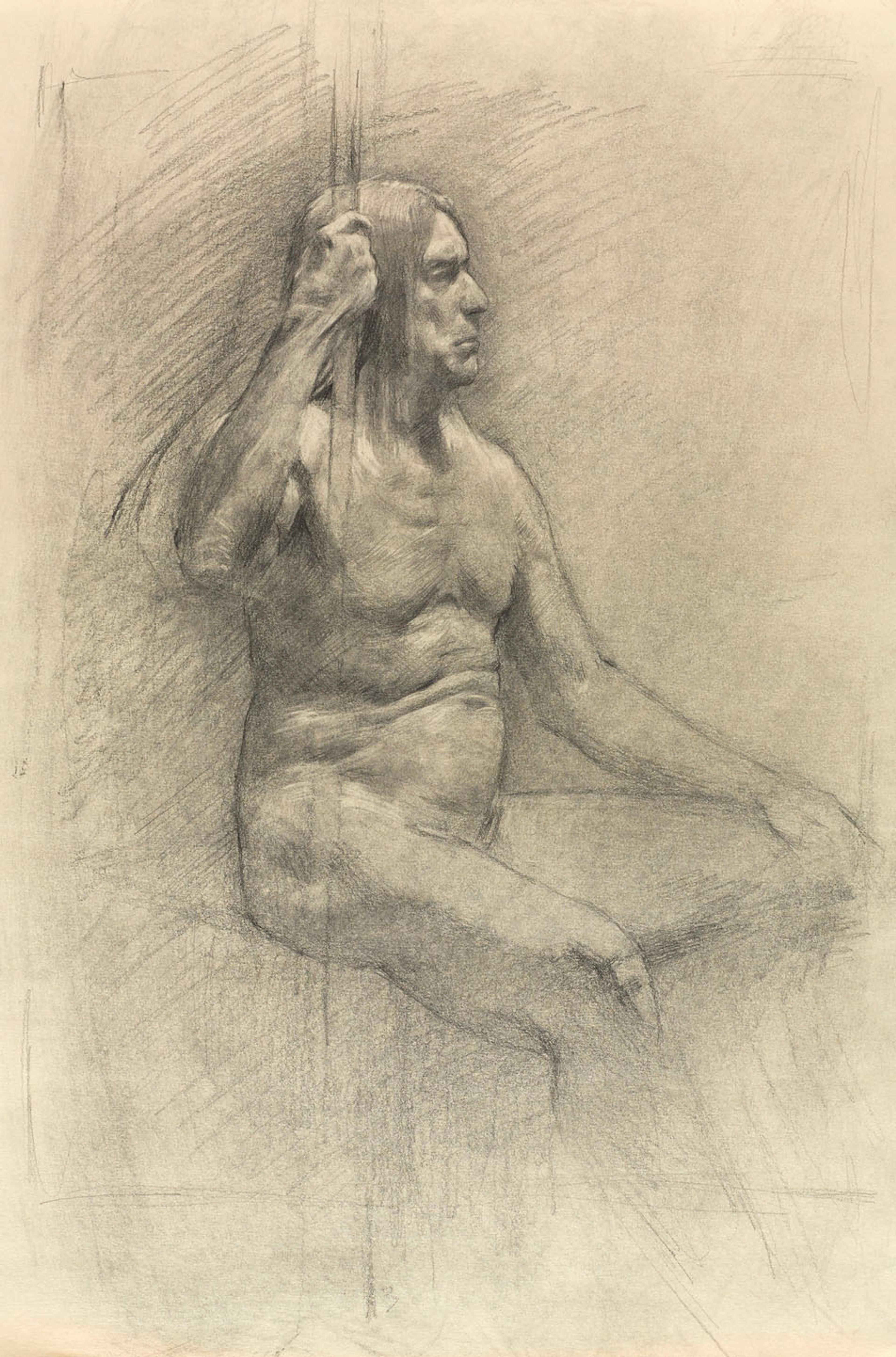 Michael Grimaldi (American, born 1971). Untitled (Seated pose), from Iggy Pop Life Class by Jeremy Deller, 2016. Graphite pencil and powdered graphite on paper, 18 x 12 in. (45.7 x 30.5 cm). Brooklyn Museum Collection, TL2016.8.22c. (Photo: Sarah DeSantis, Brooklyn Museum)