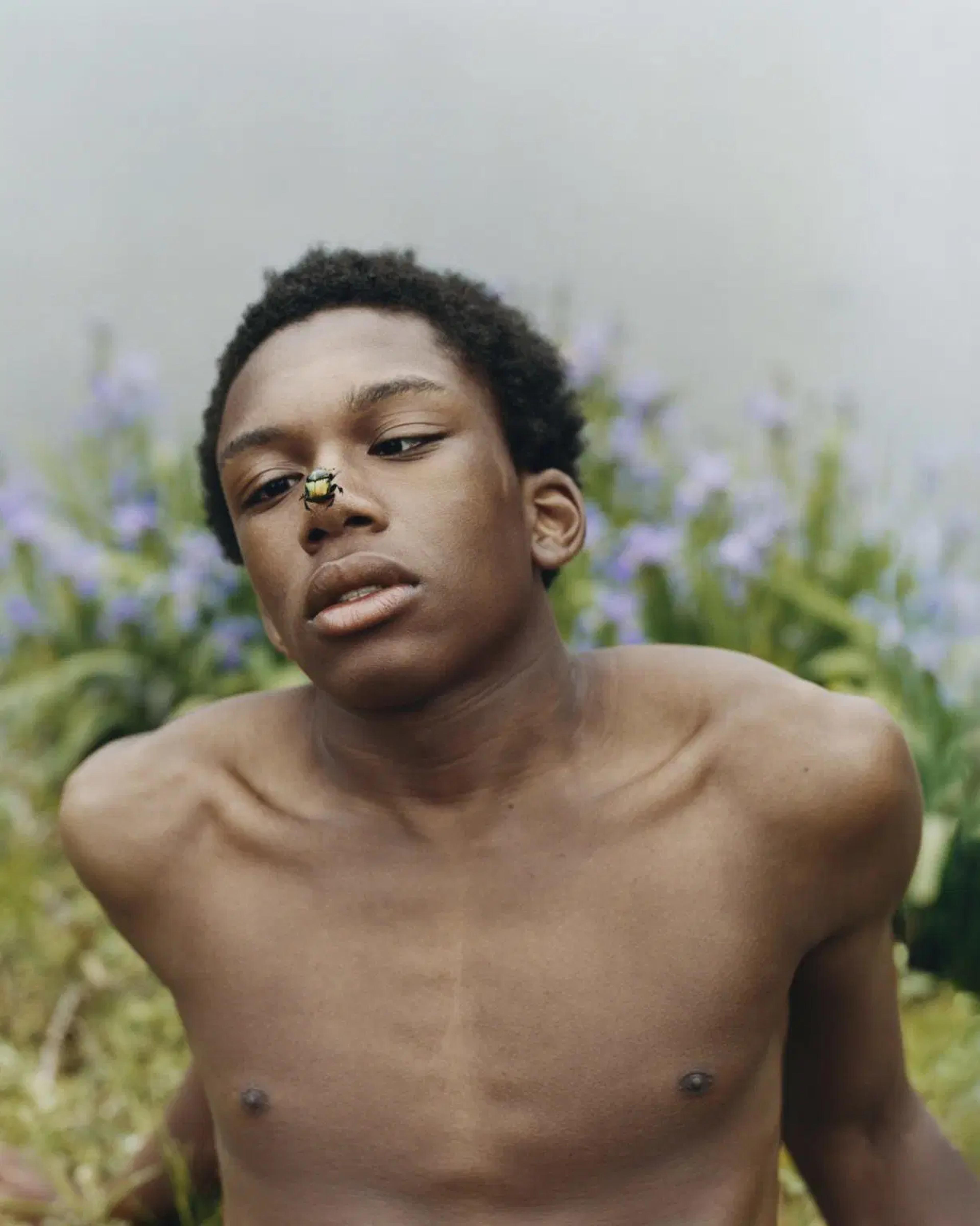 Photograph of a shirtless boy with an insect on his nose