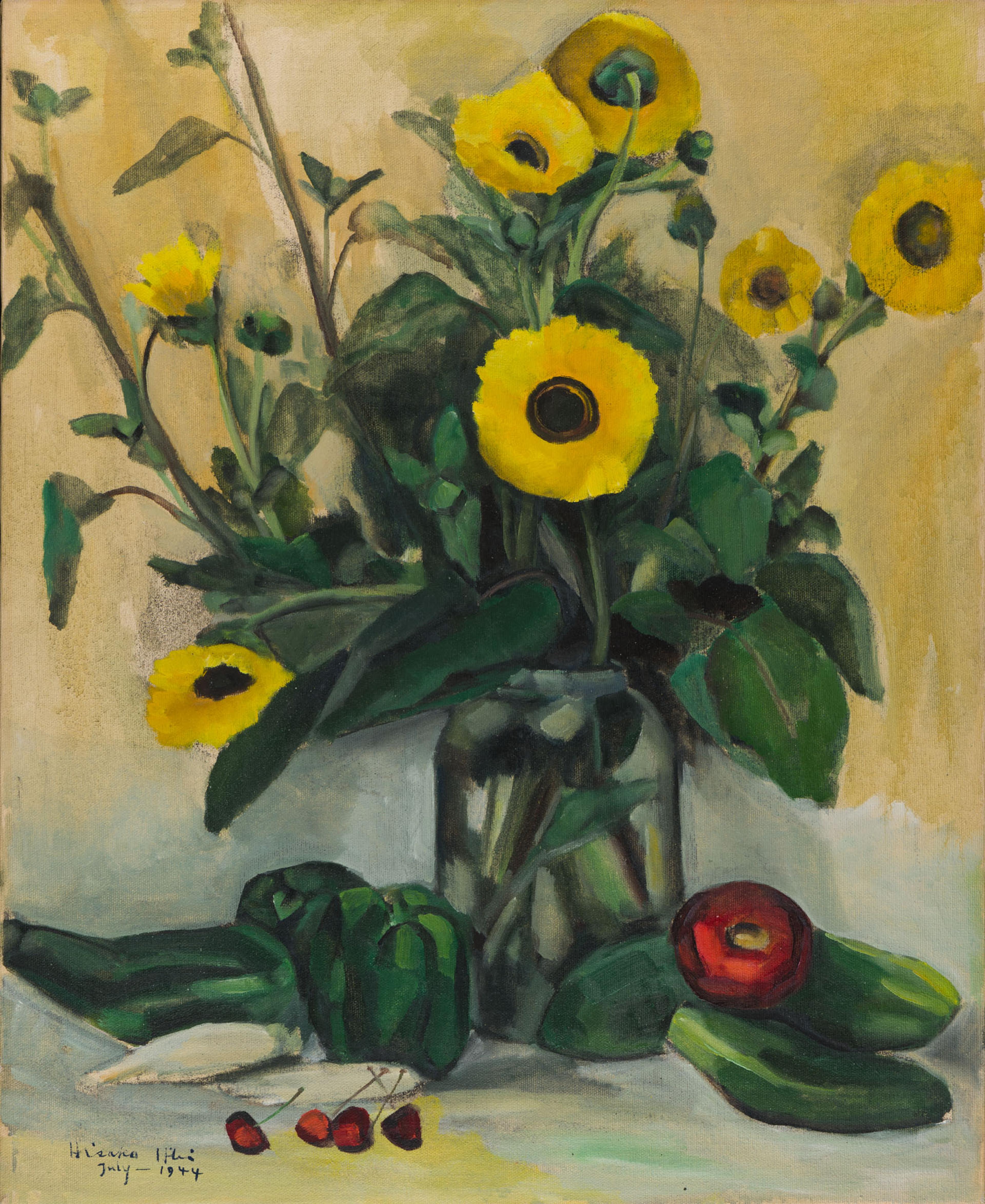 Still life painting of yellow flowers in a glass jar surounded by fruits and vegetables