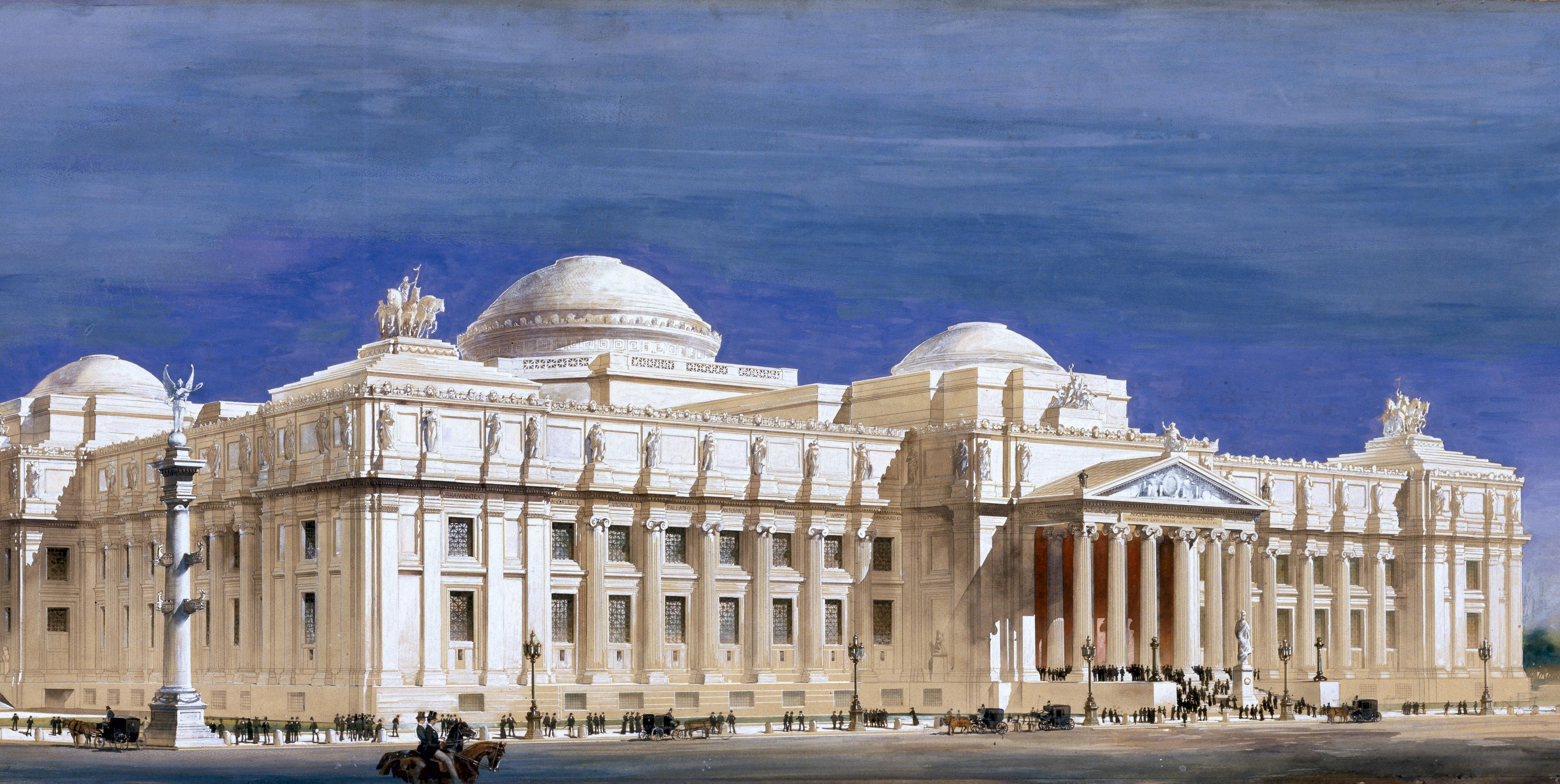 Watercolor illustration of a large beaux-arts style building