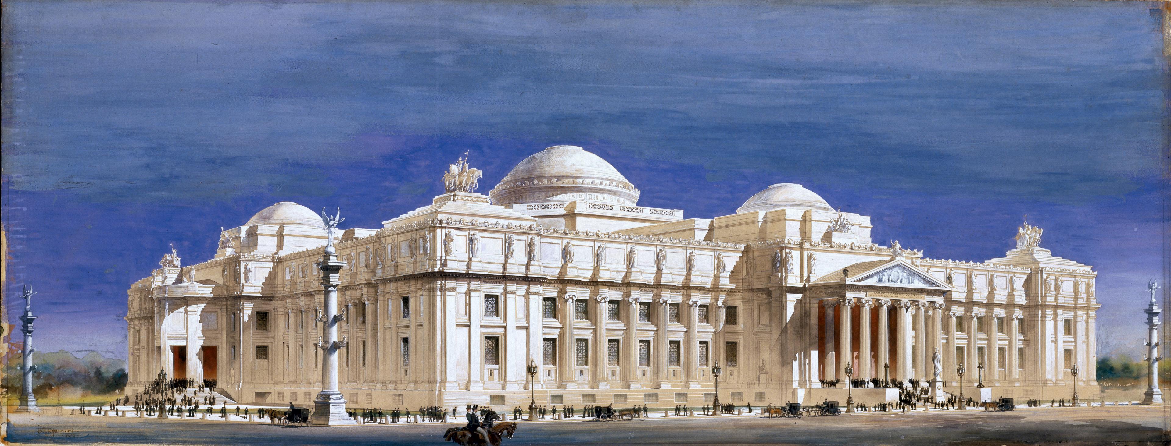 Watercolor illustration of a large beaux-arts style building